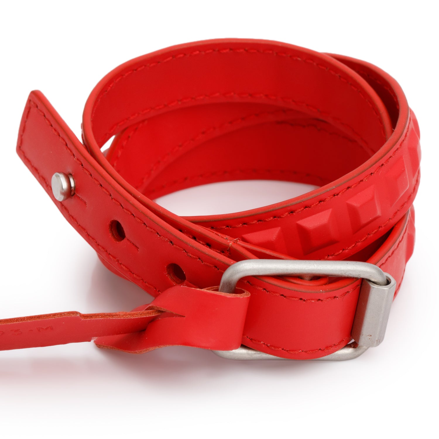 Balenciaga Silver Hardware Red Leather Grid Triple Wrap Bracelet w/ Box