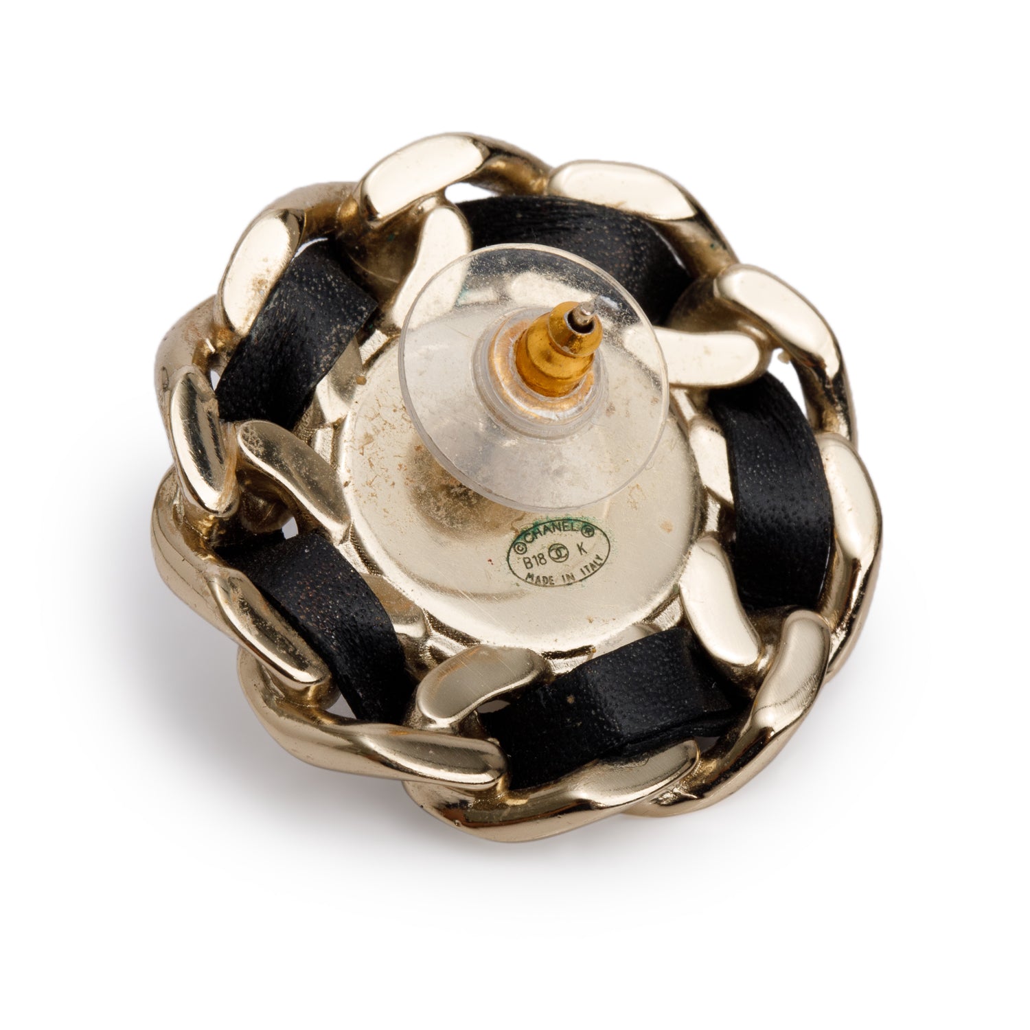 Chanel Gold-Plated Chain-Link & Black Leather Faux Pearl CC Earrings w/ Box