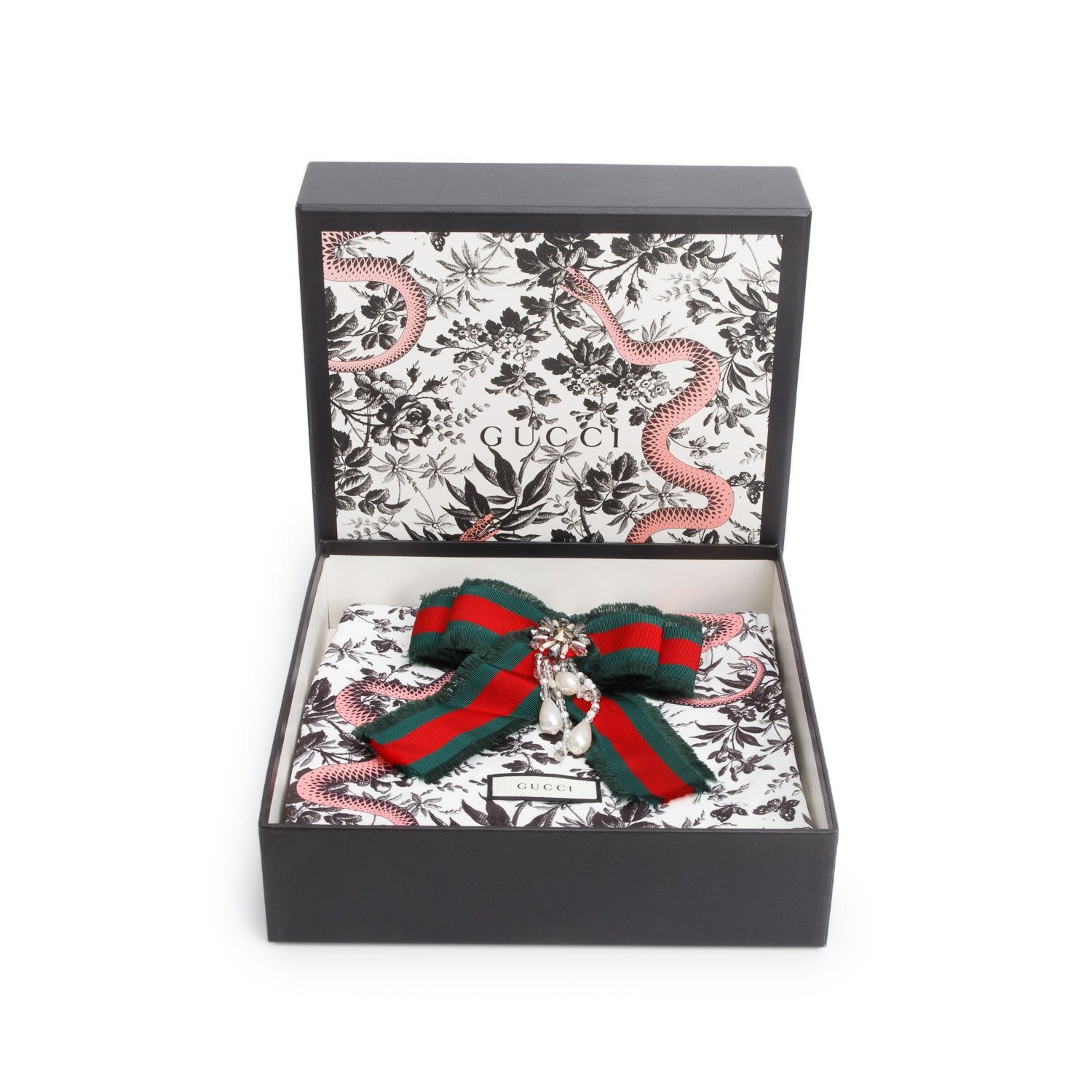 Gucci Red/Green Ribbon Web Crystal Bow Brooch w/ Box