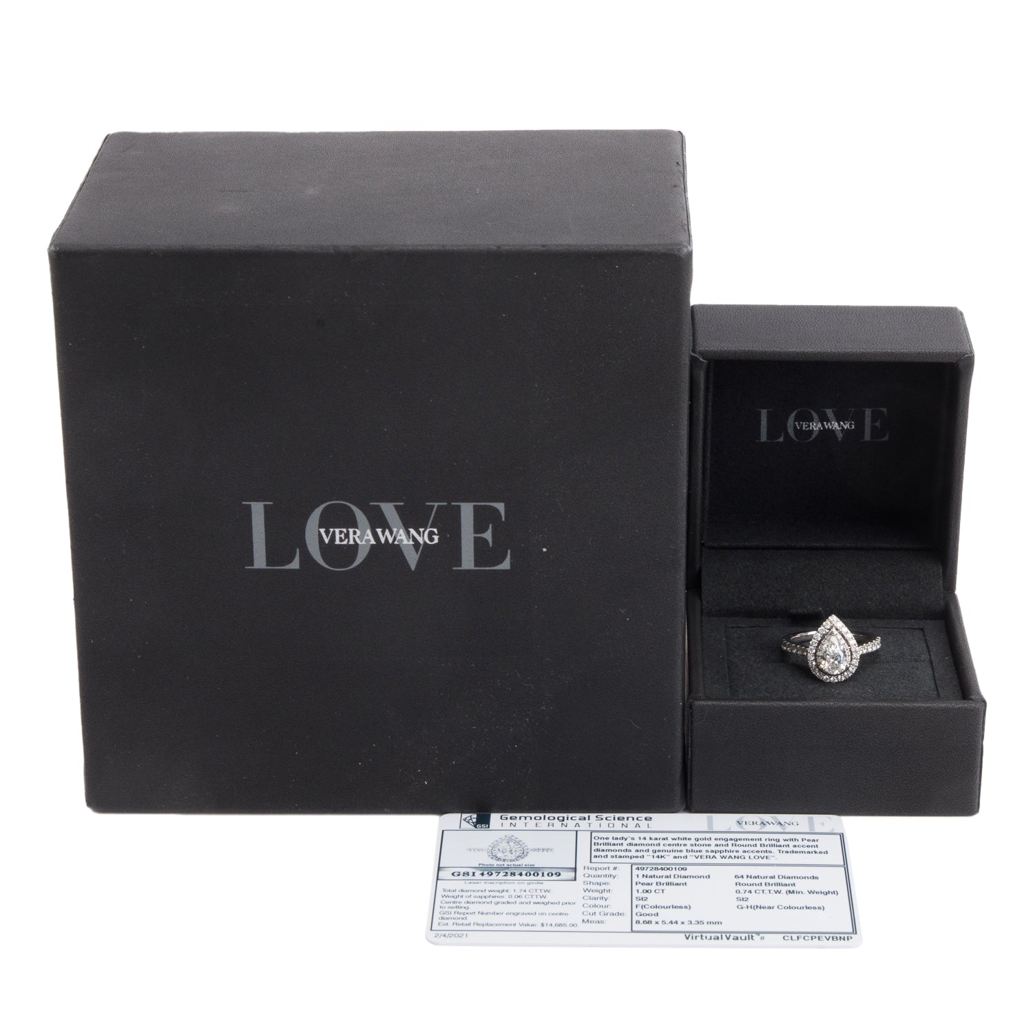 Vera Wang 14k White Gold Love 1.00 ct. Pear Shaped Diamond Engagement Ring, Size 6.25 w/ Box & Authenticity Card