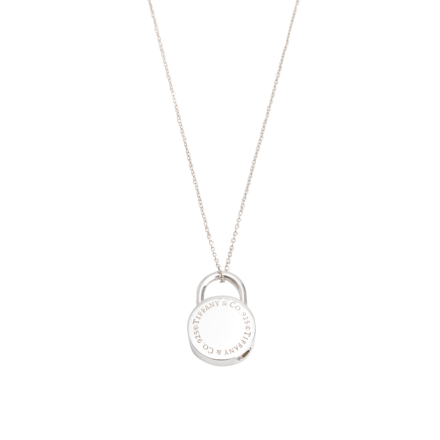 Tiffany & Co. Sterling Silver Round Lock Charm Pendant Necklace