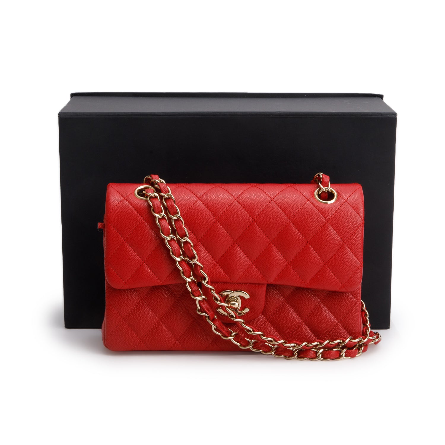 Chanel Red Caviar Quilted Leather Small Double Flap Bag w/ Box