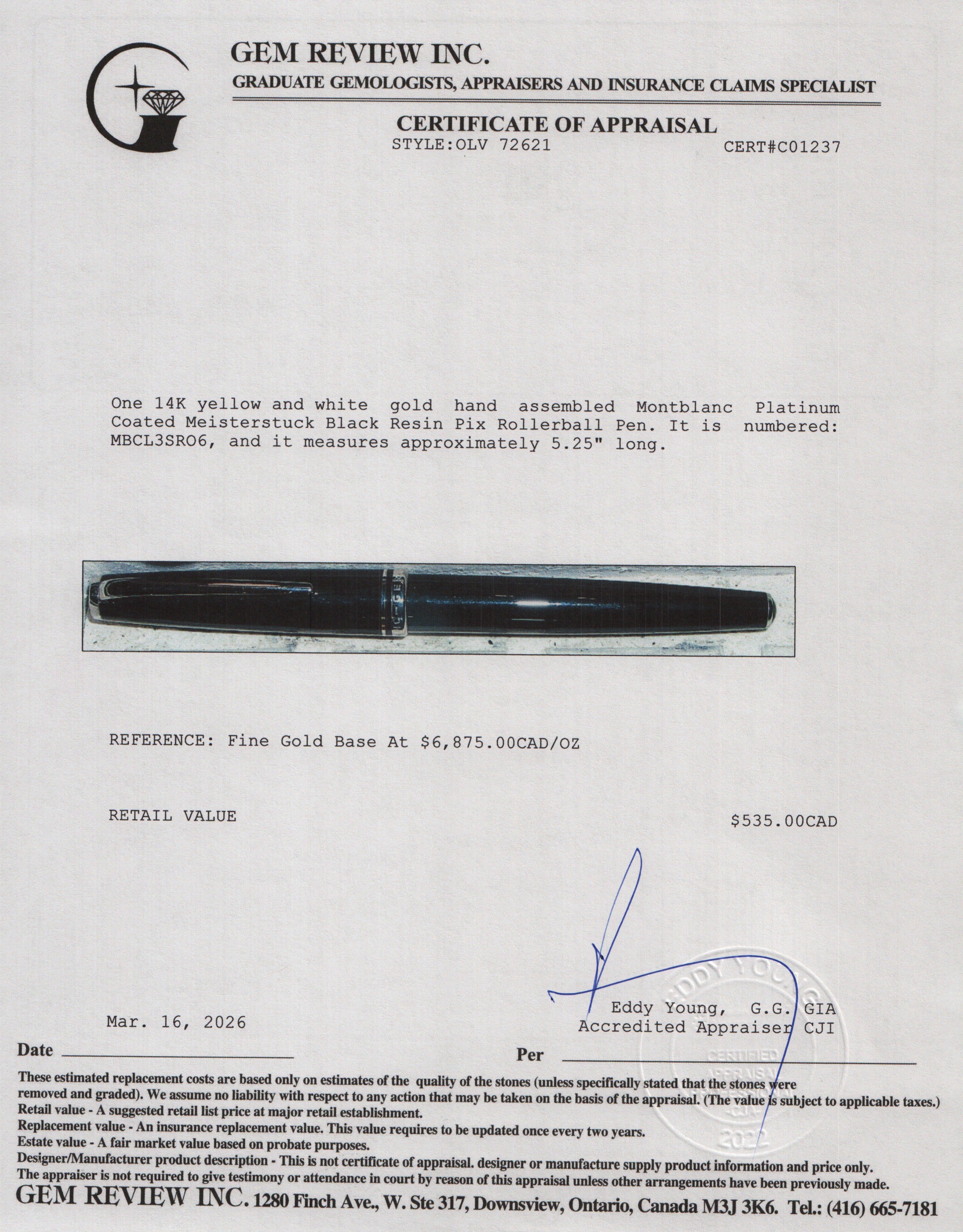 Montblanc Platinum Coated Meisterstuck Black Resin Pix Rollerball Pen