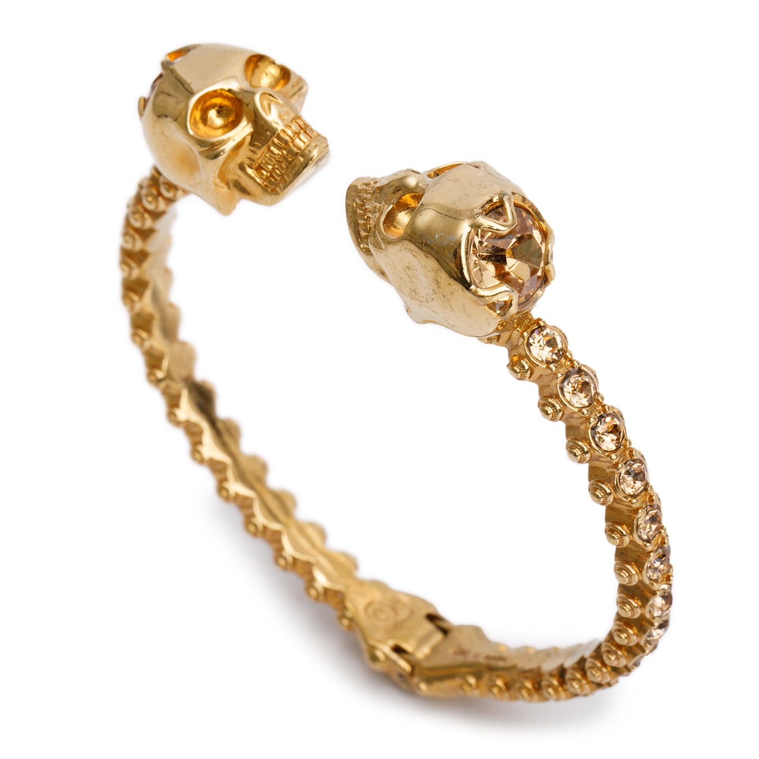 Alexander Mcqueen Gold-Plated Crystal Twin Skull Hinged Cuff Bangle