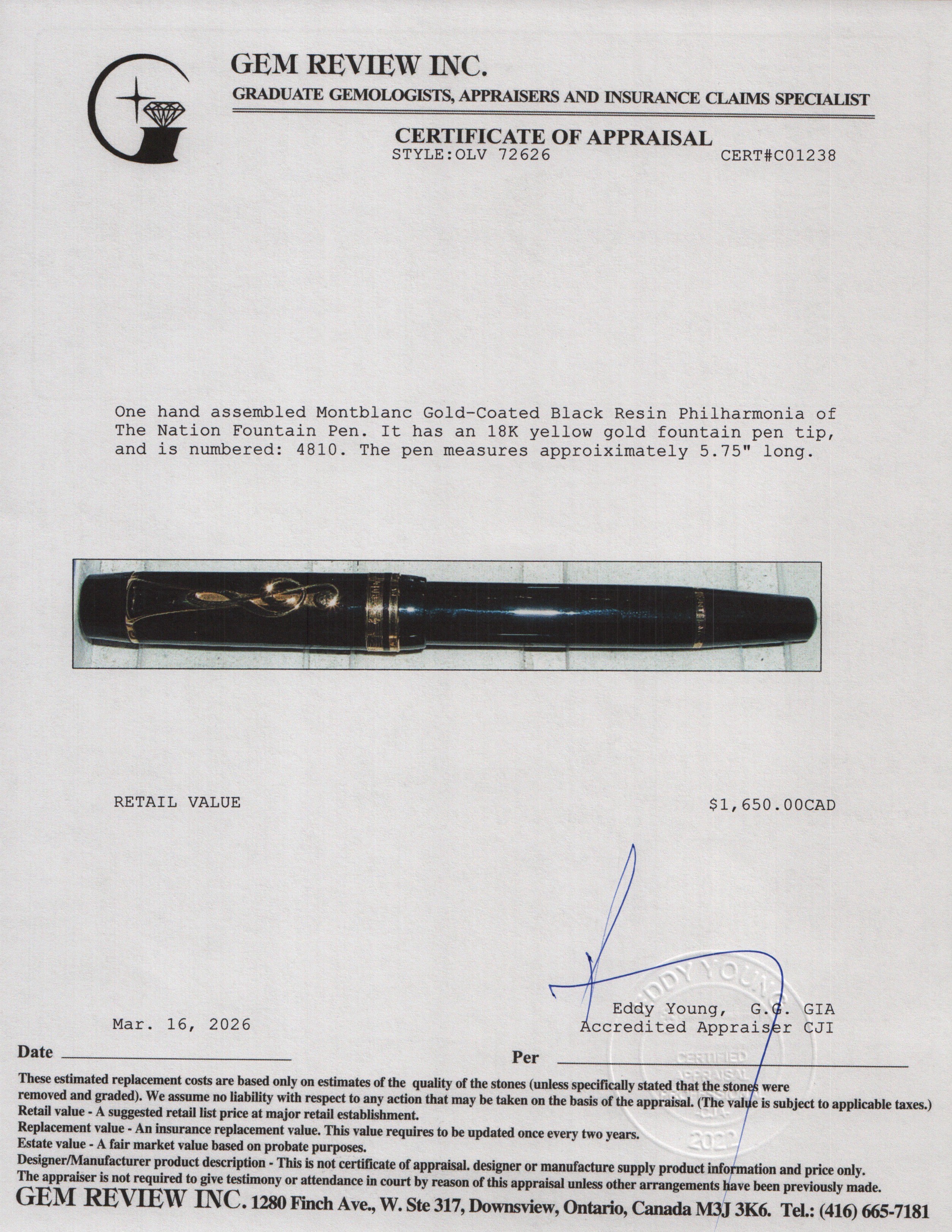Montblanc Gold-Coated Black Resin Philharmonia of The Nation Fountain Pen w/ Box