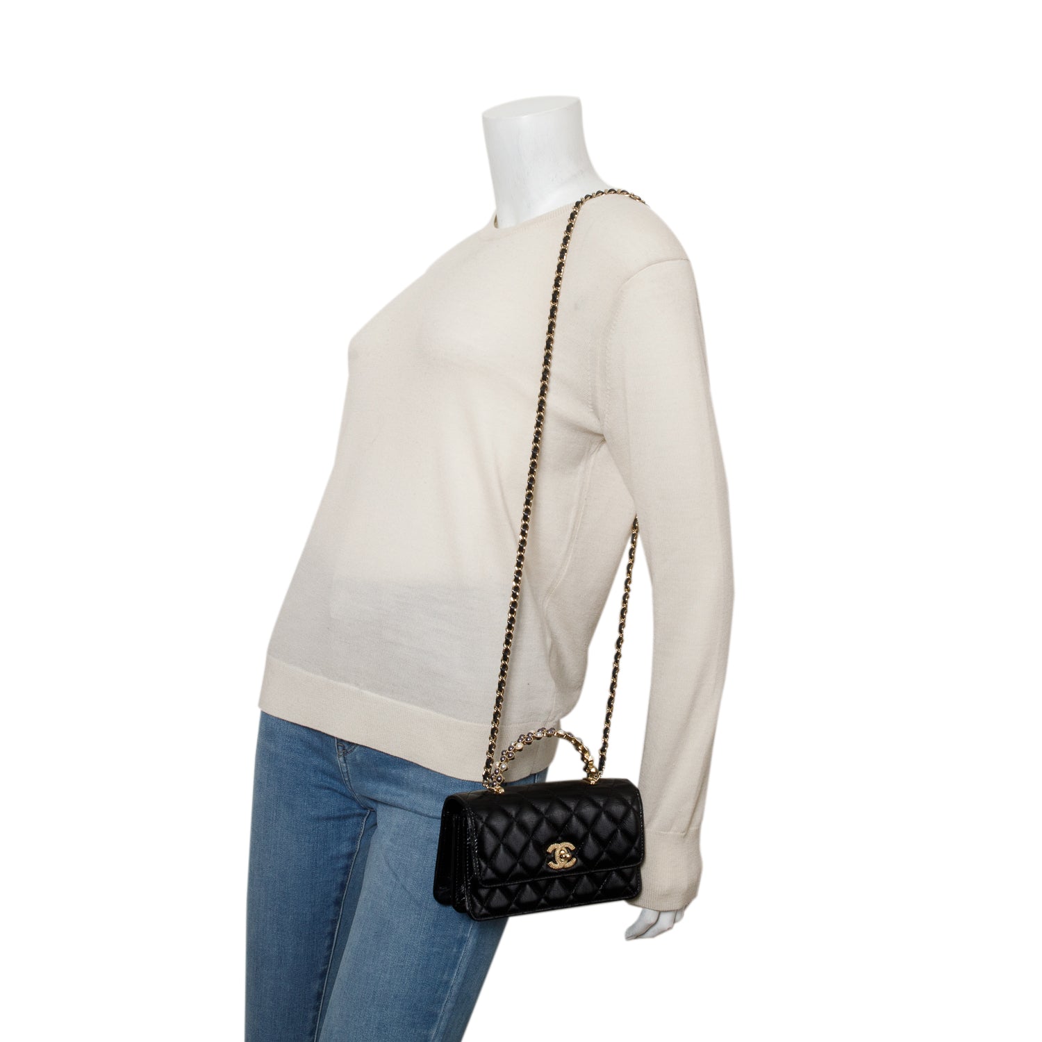 Chanel 2024 Black Quilted Crumpled Lambskin Pearl Top Handle Wallet on Chain w/ Box & Receipt