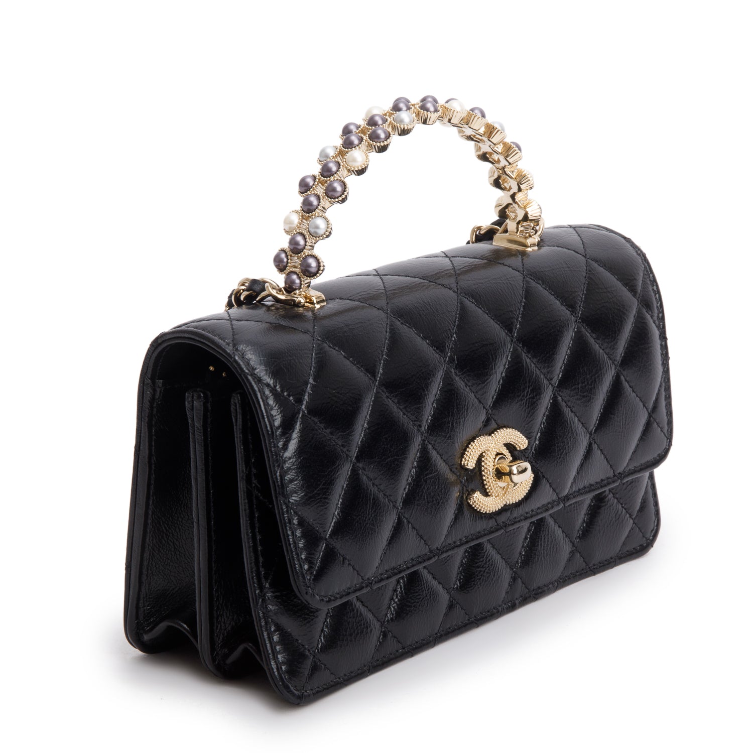 Chanel 2024 Black Quilted Crumpled Lambskin Pearl Top Handle Wallet on Chain w/ Box & Receipt