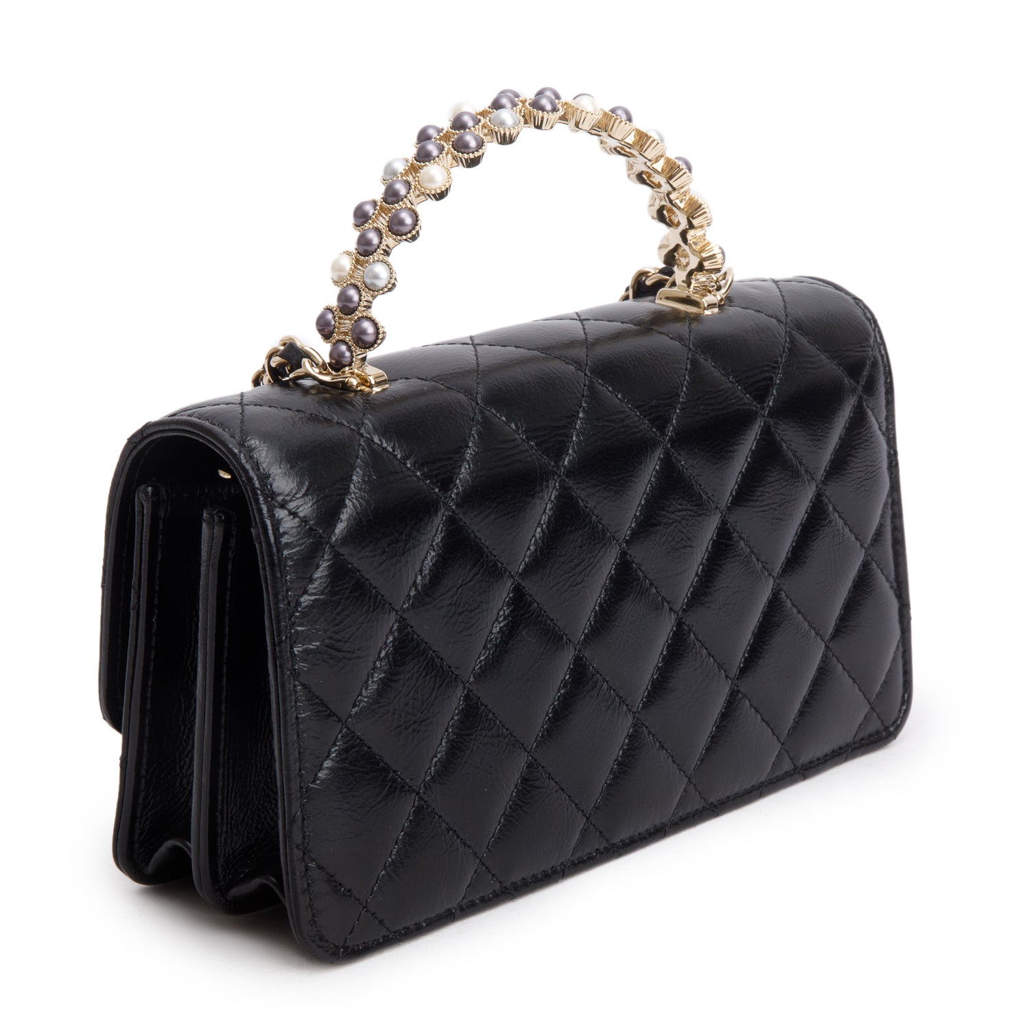 Chanel 2024 Black Quilted Crumpled Lambskin Pearl Top Handle Wallet on Chain w/ Box & Receipt