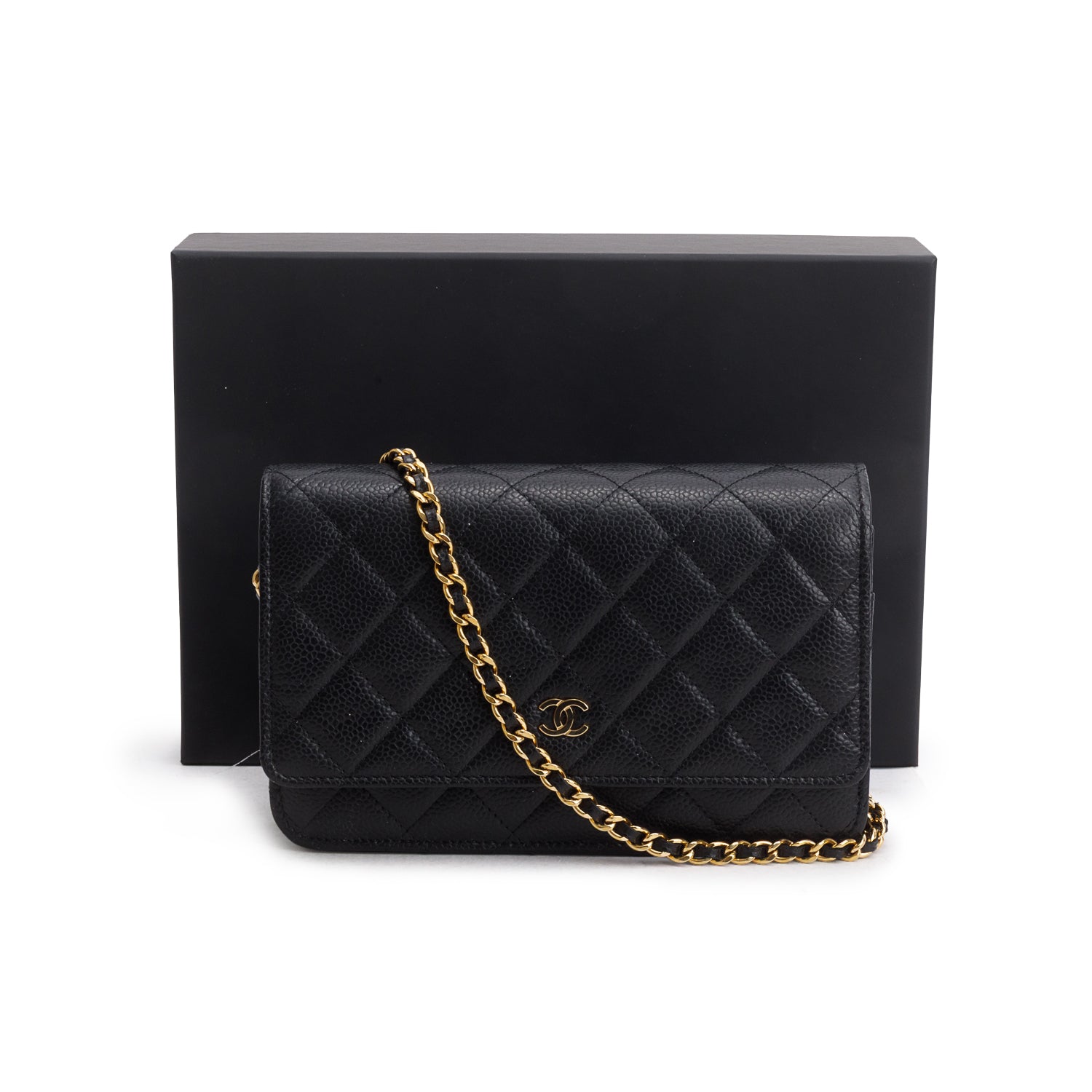 Chanel Black Caviar Quilted Classic Wallet on Chain w/ Box