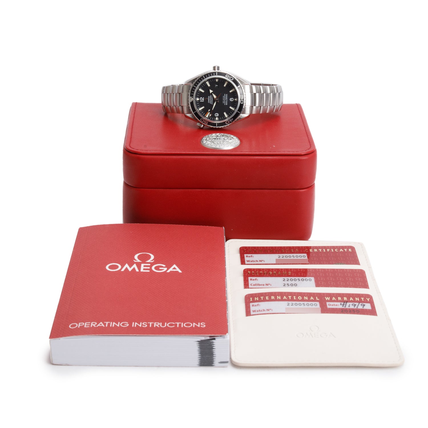 Omega Stainless Steel Seamaster Planet Ocean Co-Axial Chronometer 45.5 MM Automatic Watch Black Dial w/ Box & Papers