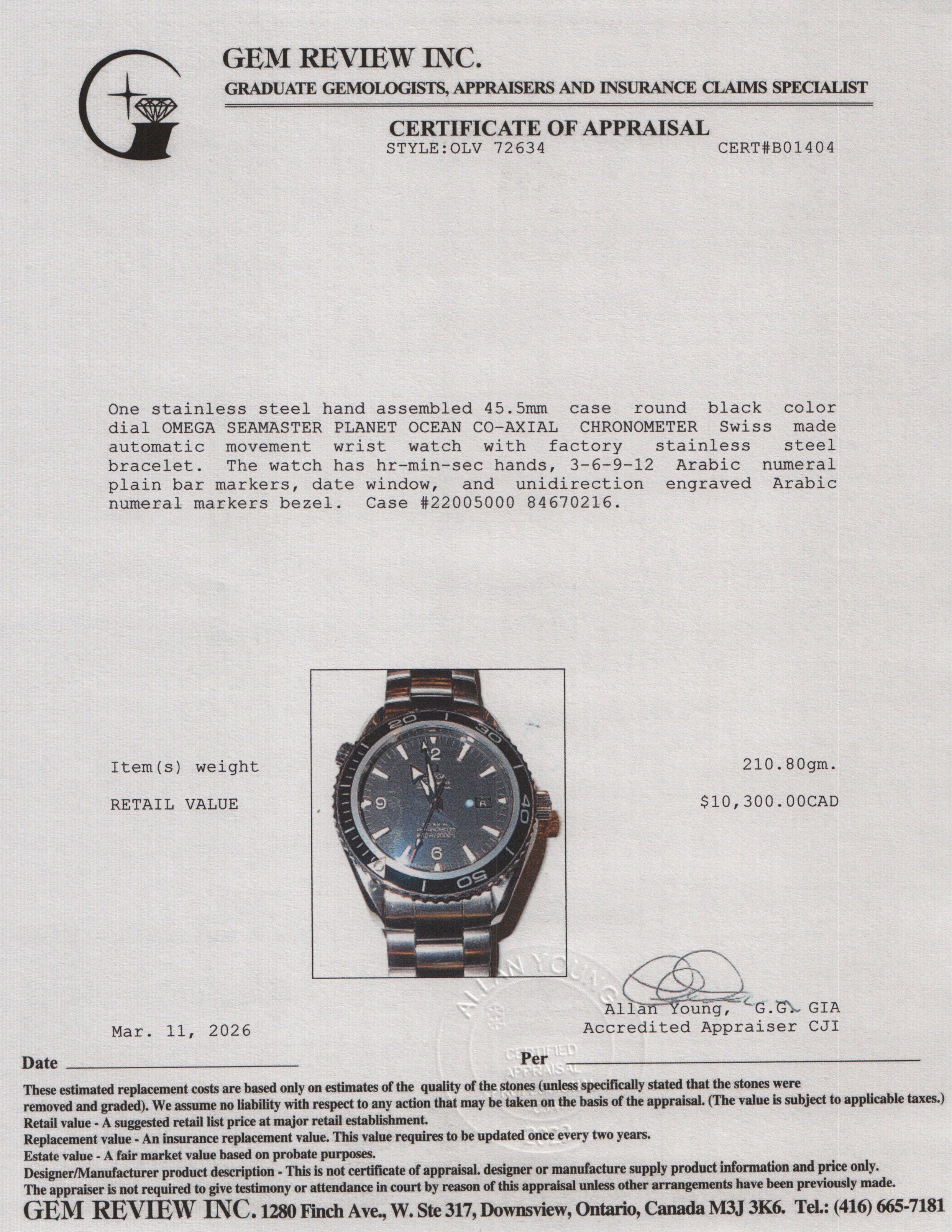 Omega Stainless Steel Seamaster Planet Ocean Co-Axial Chronometer 45.5 MM Automatic Watch Black Dial w/ Box & Papers