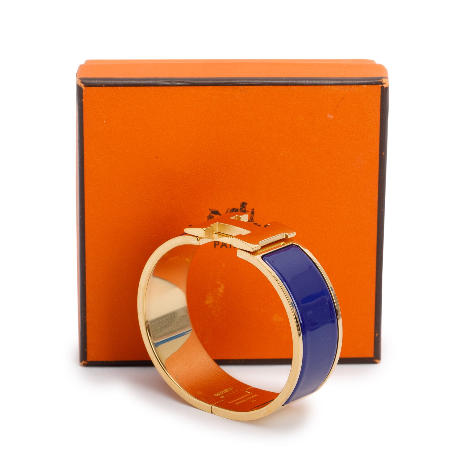 Hermes Gold-Plated Blue Enamel Clic Clac H Bracelet w/ Box