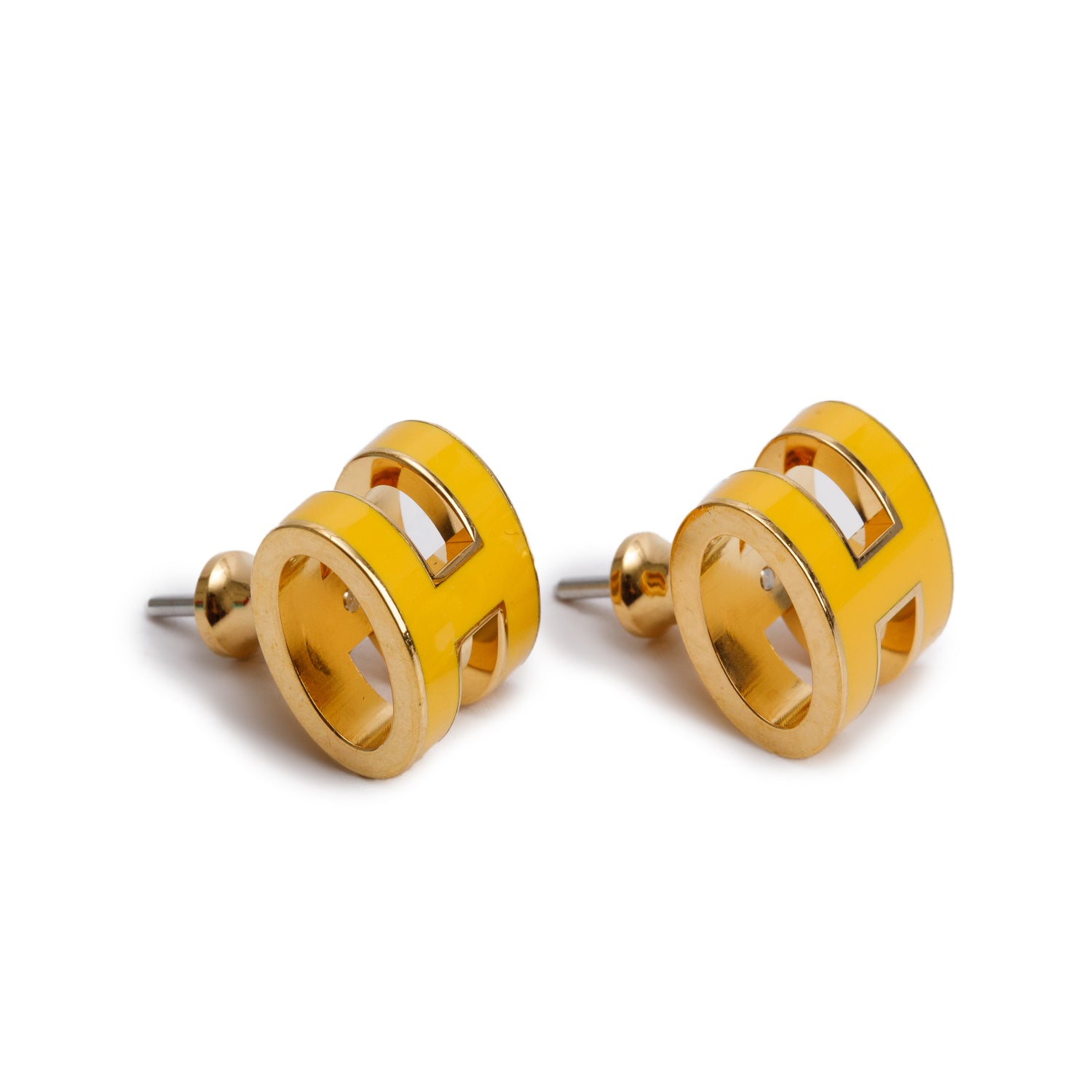 Hermes Gold Plated Yellow Lacquered Pop H Earrings w/ Box