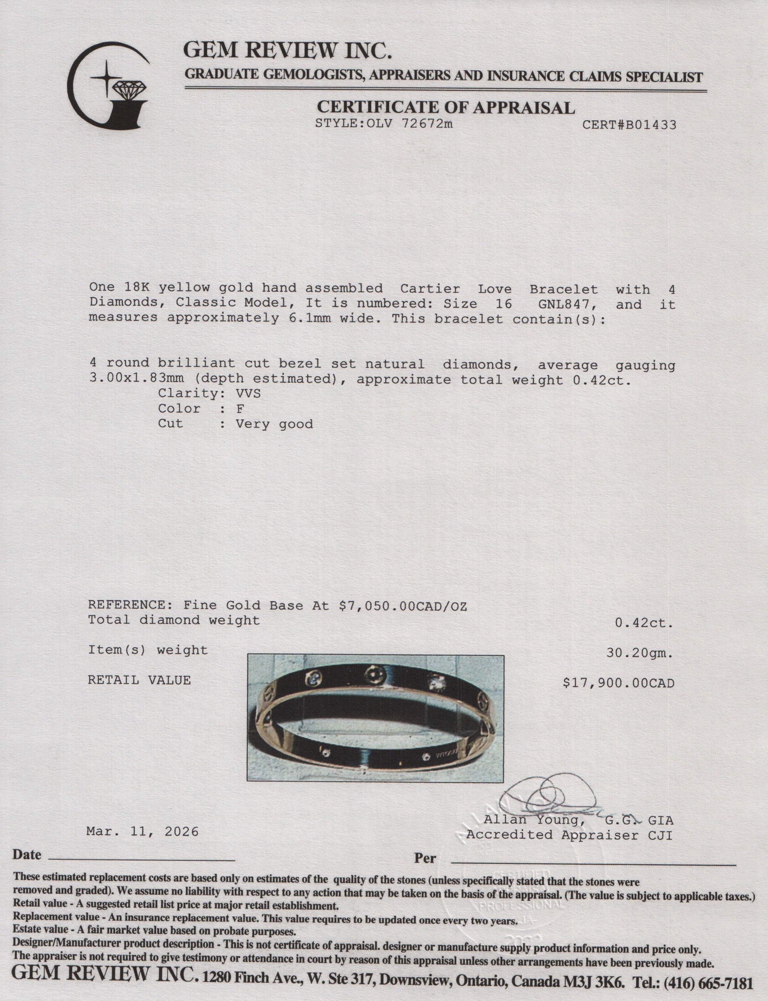 Cartier 18k Yellow Gold Love Bracelet with 4 Diamonds, Classic Model Size 16 w/ Box