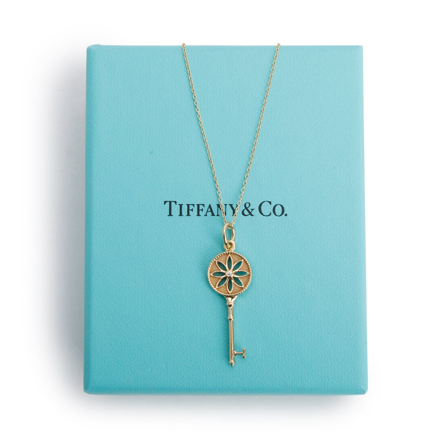 Tiffany & Co. 18k Yellow Gold Diamond Daisy Key Pendant Necklace w/ Box