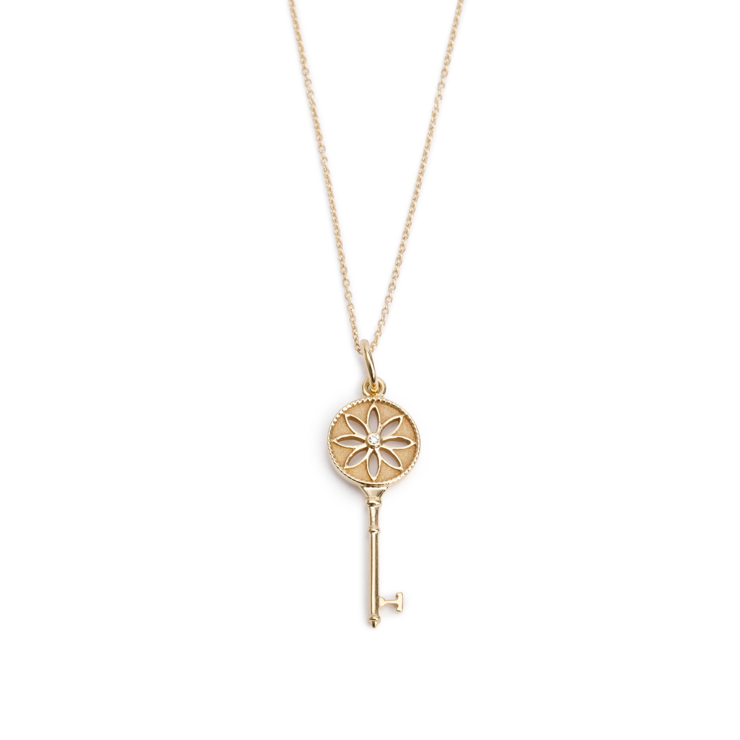 Tiffany & Co. 18k Yellow Gold Diamond Daisy Key Pendant Necklace w/ Box