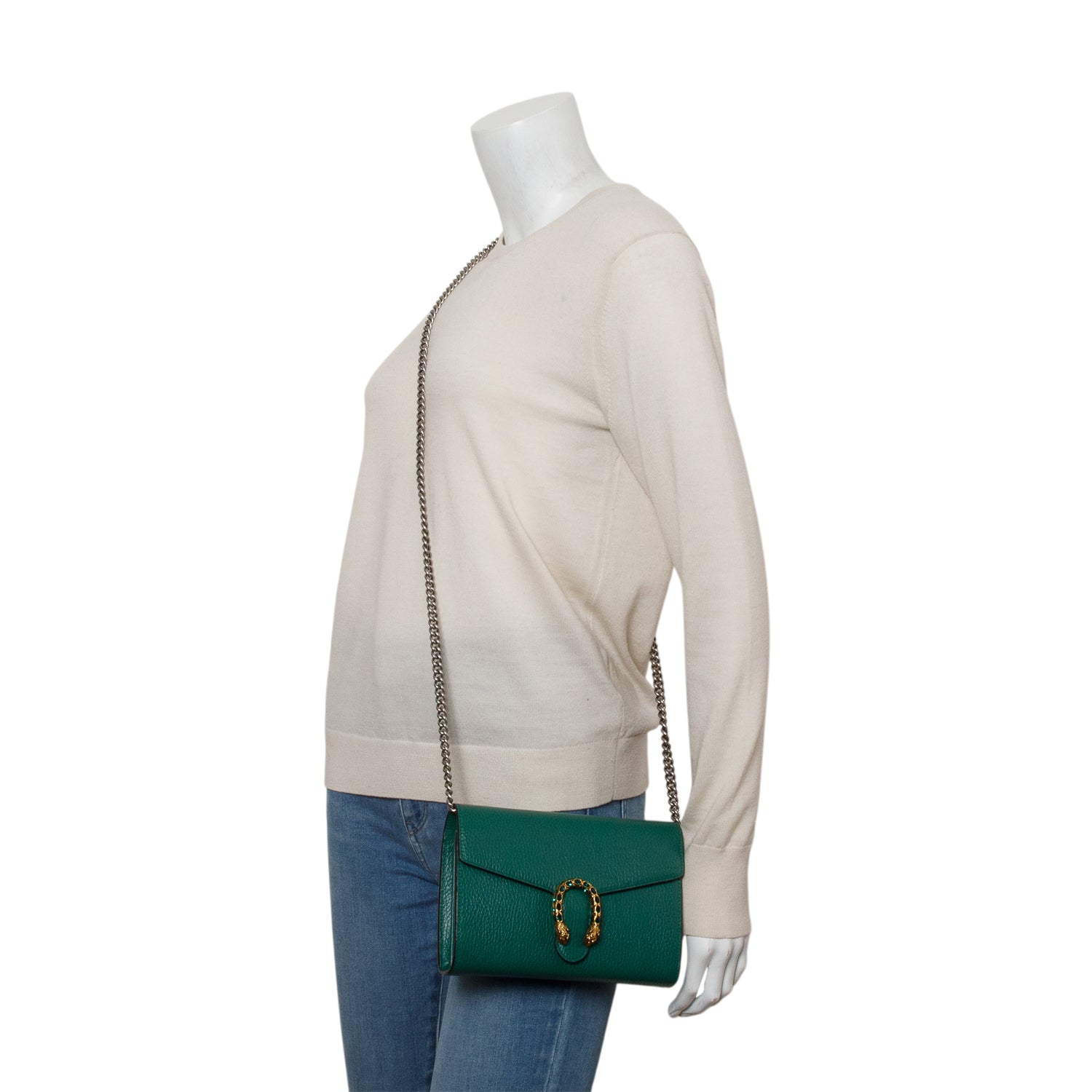 Gucci Green Calfskin Crystals Mini Dionysus Chain Wallet w/ Box