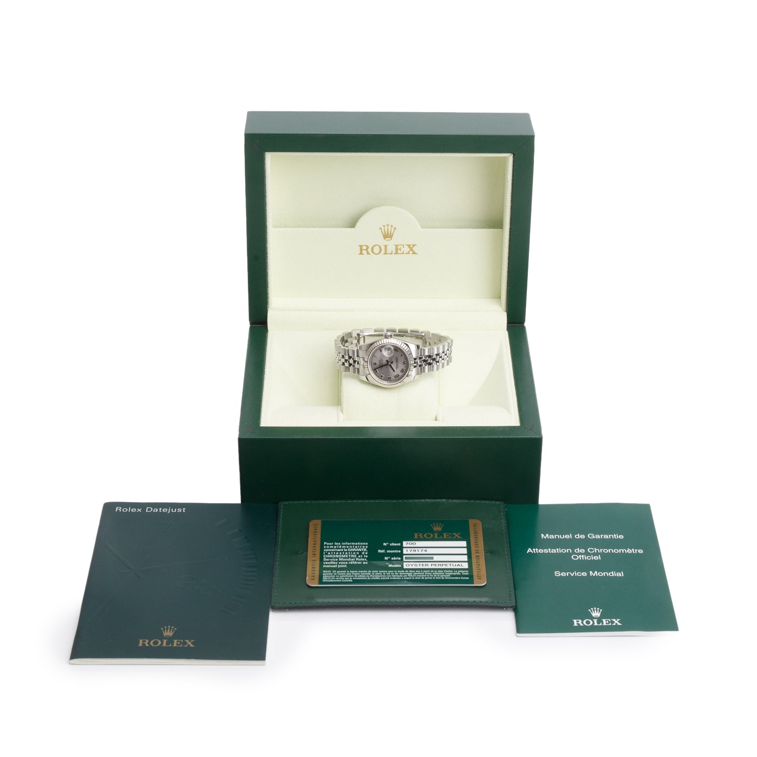 Rolex Stainless Steel Lady-Datejust 26 MM Watch Silver Dial 179174 w/ Box & Papers
