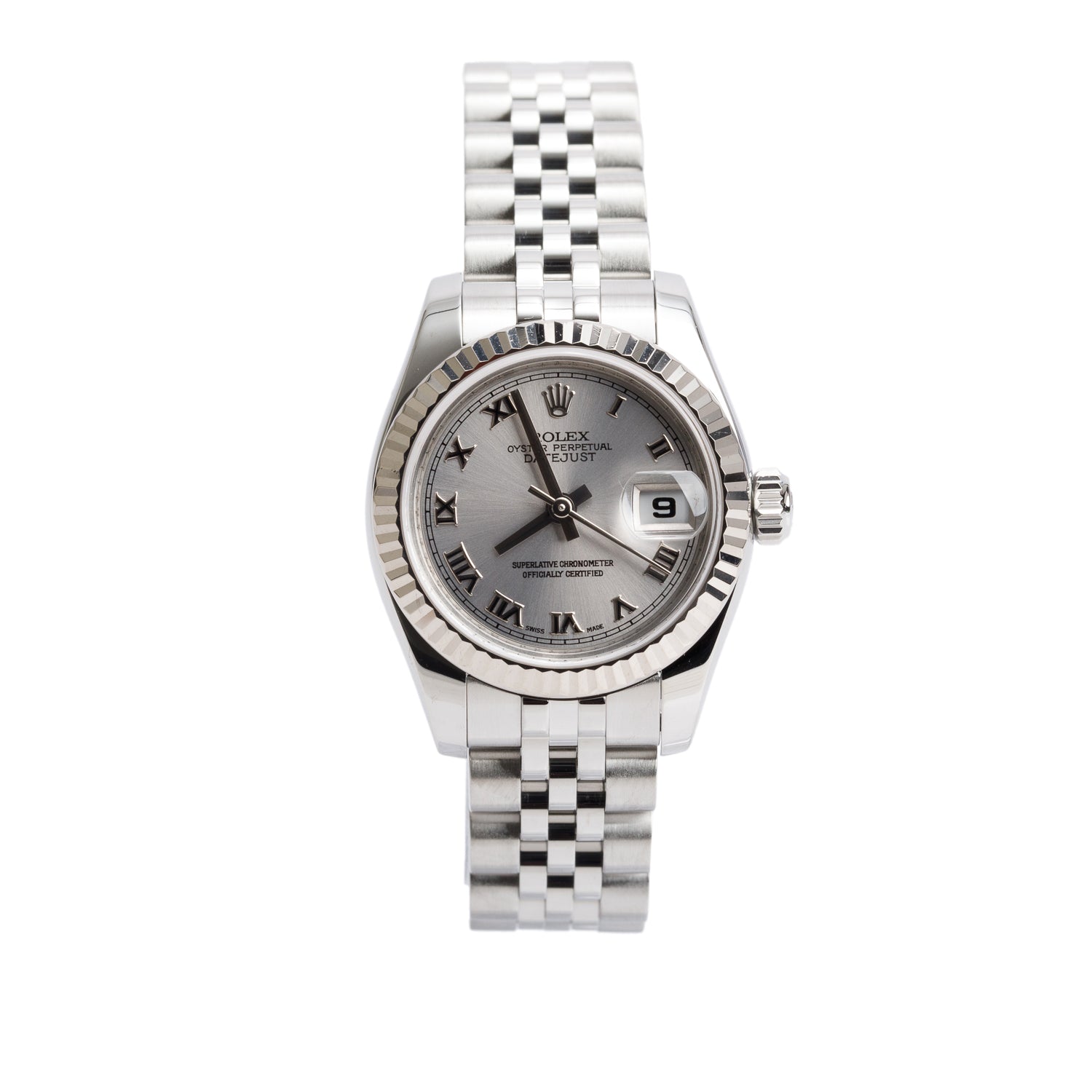 Rolex Stainless Steel Lady-Datejust 26 MM Watch Silver Dial 179174 w/ Box & Papers