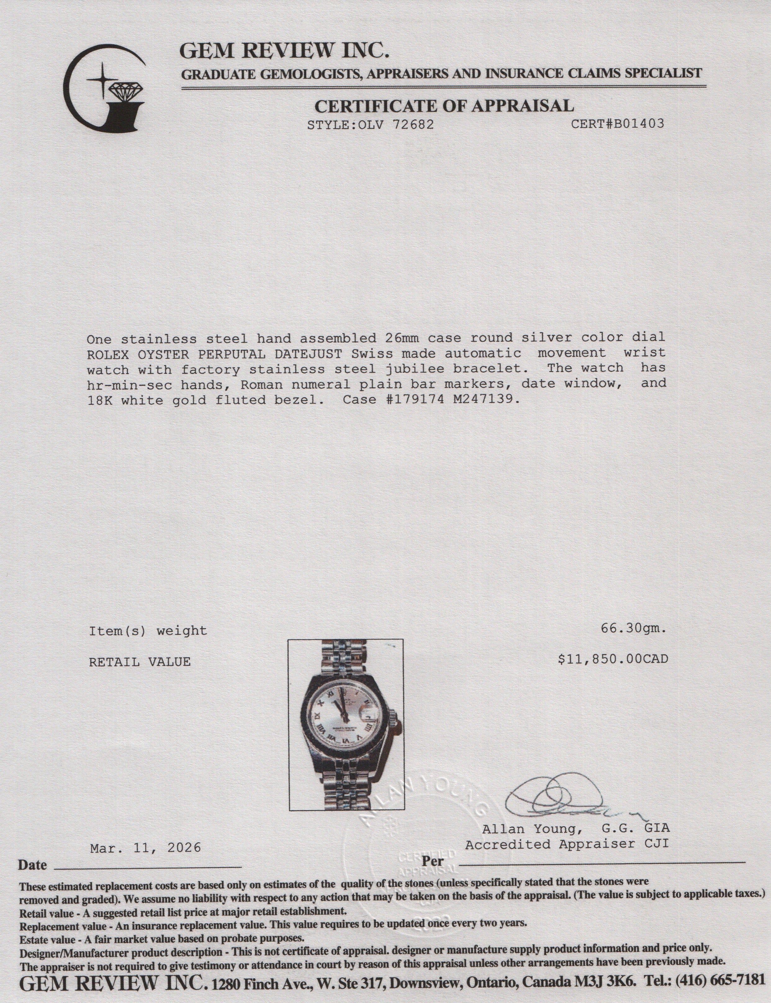 Rolex Stainless Steel Lady-Datejust 26 MM Watch Silver Dial 179174 w/ Box & Papers