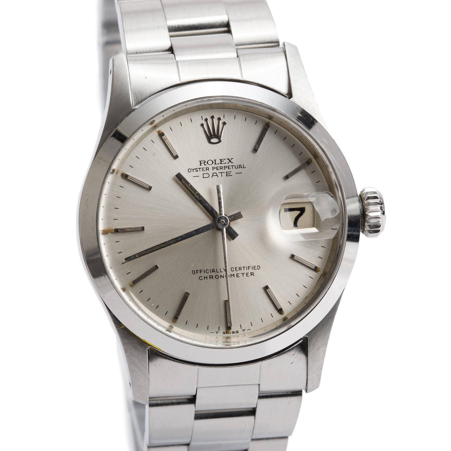 Rolex Vintage Stainless Steel Oyster Perpetual Date 34 MM Watch Silver Roulette Dial 6518