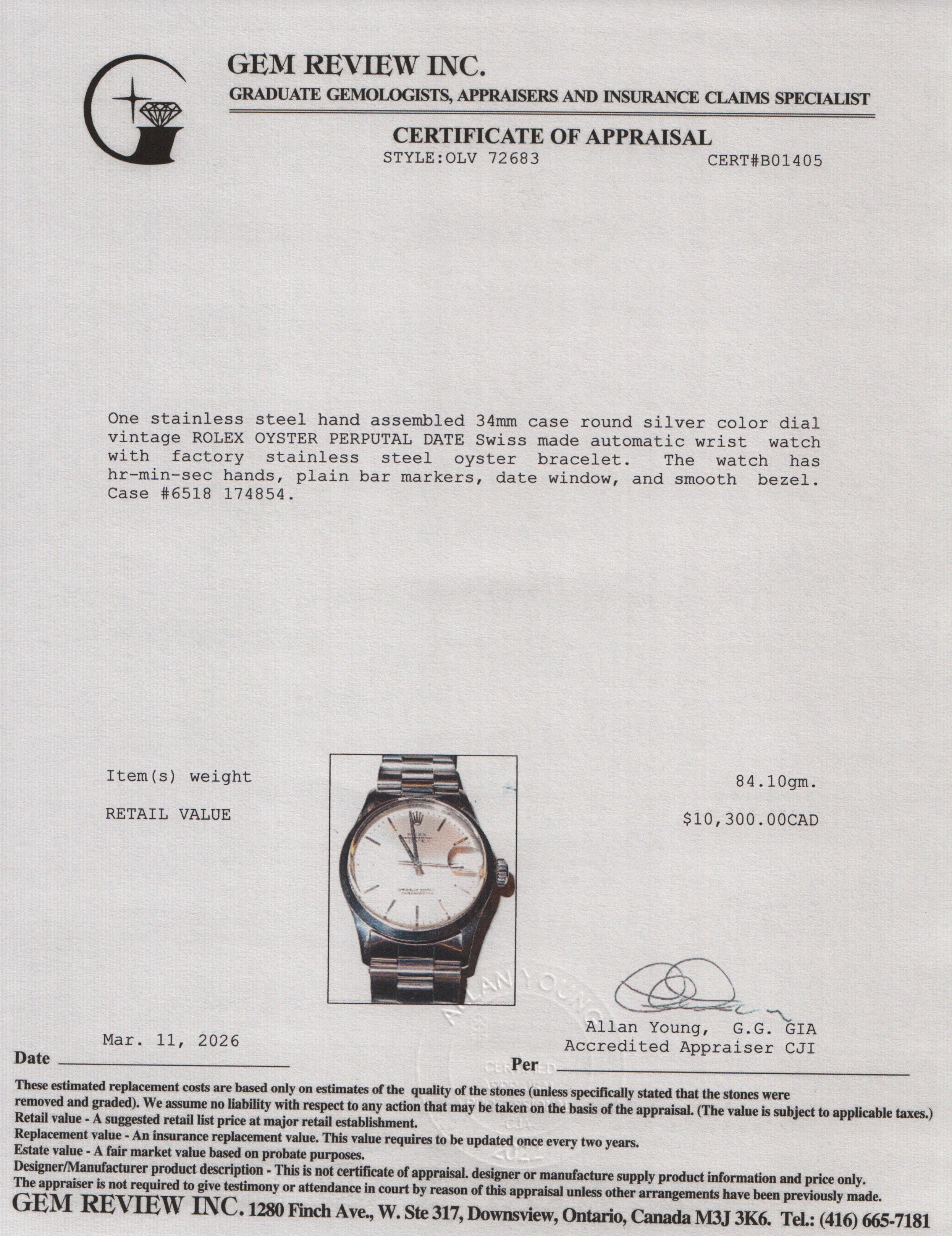 Rolex Vintage Stainless Steel Oyster Perpetual Date 34 MM Watch Silver Roulette Dial 6518