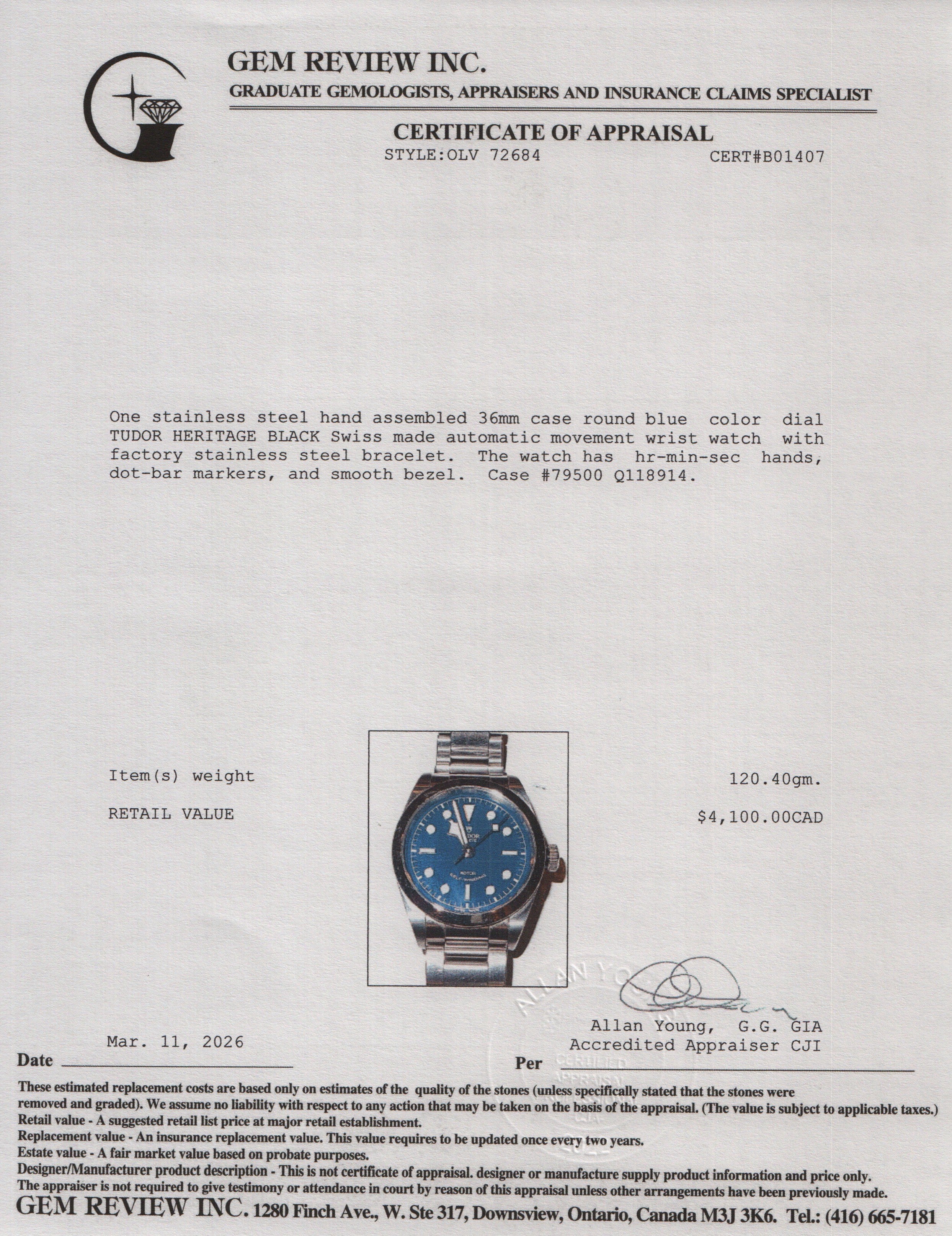 Tudor 2021 Stainless Steel Heritage Black Bay 36 MM Automatic Watch Blue Dial 79500 w/ Box & Papers