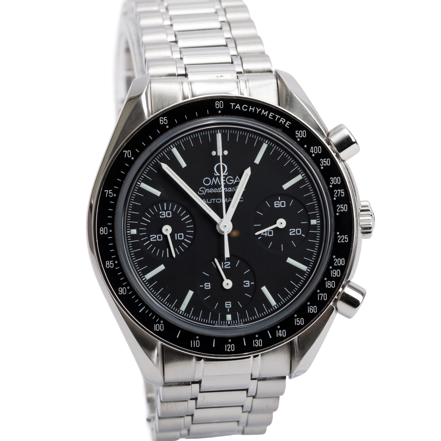 Omega Stainless Steel Speedmaster Reduced 39 MM Automatic Chronograph Watch Black Dial w/ Box & Papers