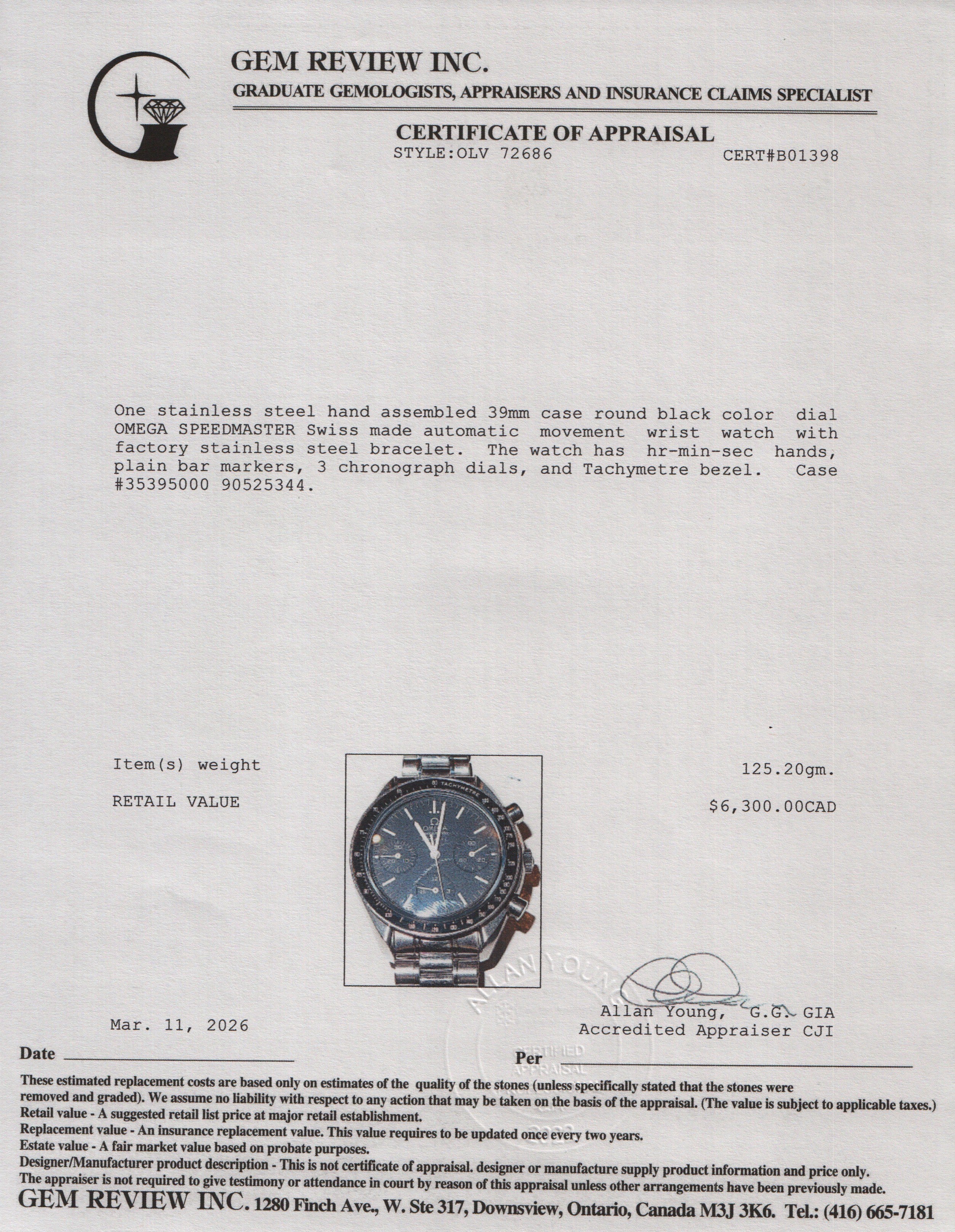 Omega Stainless Steel Speedmaster Reduced 39 MM Automatic Chronograph Watch Black Dial w/ Box & Papers