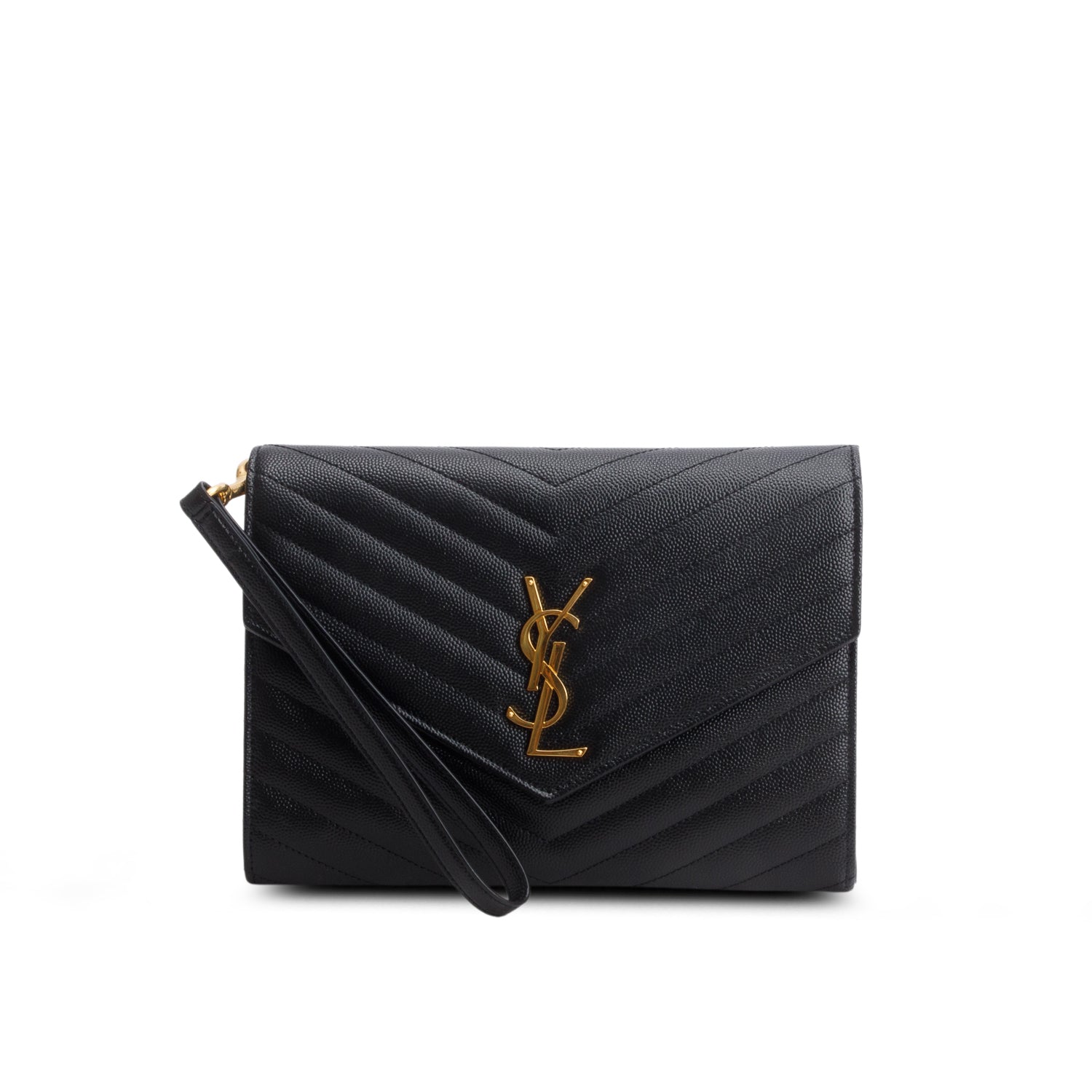 Saint Laurent 2024 Black Grain de Poudre Matelasse Leather Cassandre Flap Wristlet Pouch w/ Box