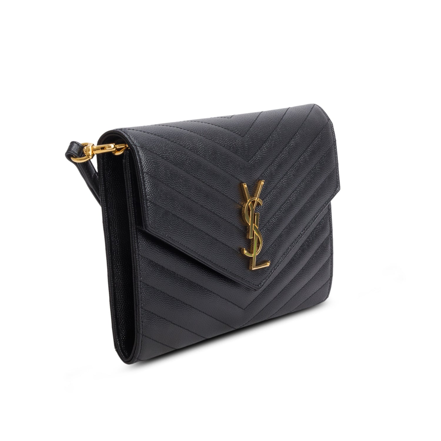 Saint Laurent 2024 Black Grain de Poudre Matelasse Leather Cassandre Flap Wristlet Pouch w/ Box