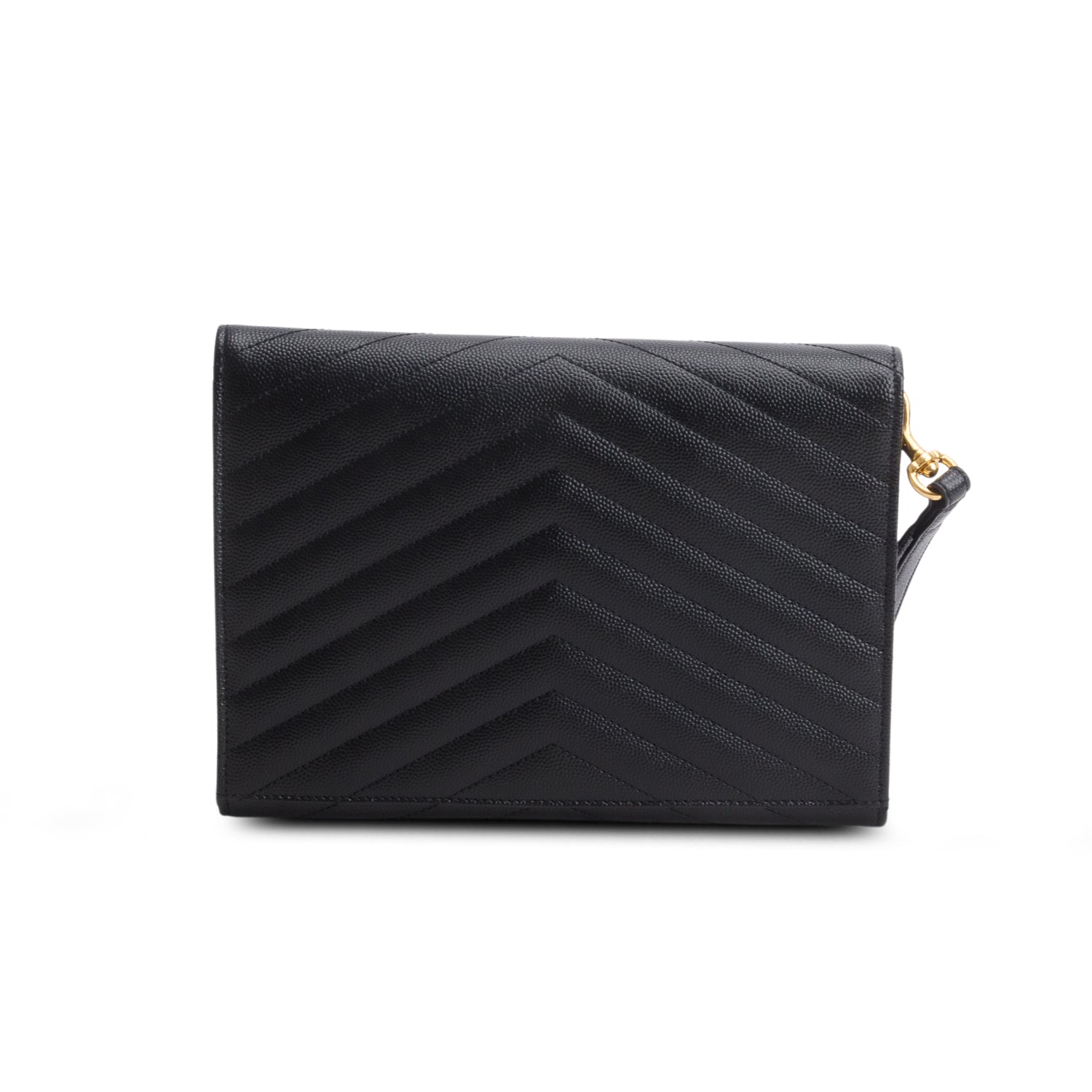 Saint Laurent 2024 Black Grain de Poudre Matelasse Leather Cassandre Flap Wristlet Pouch w/ Box