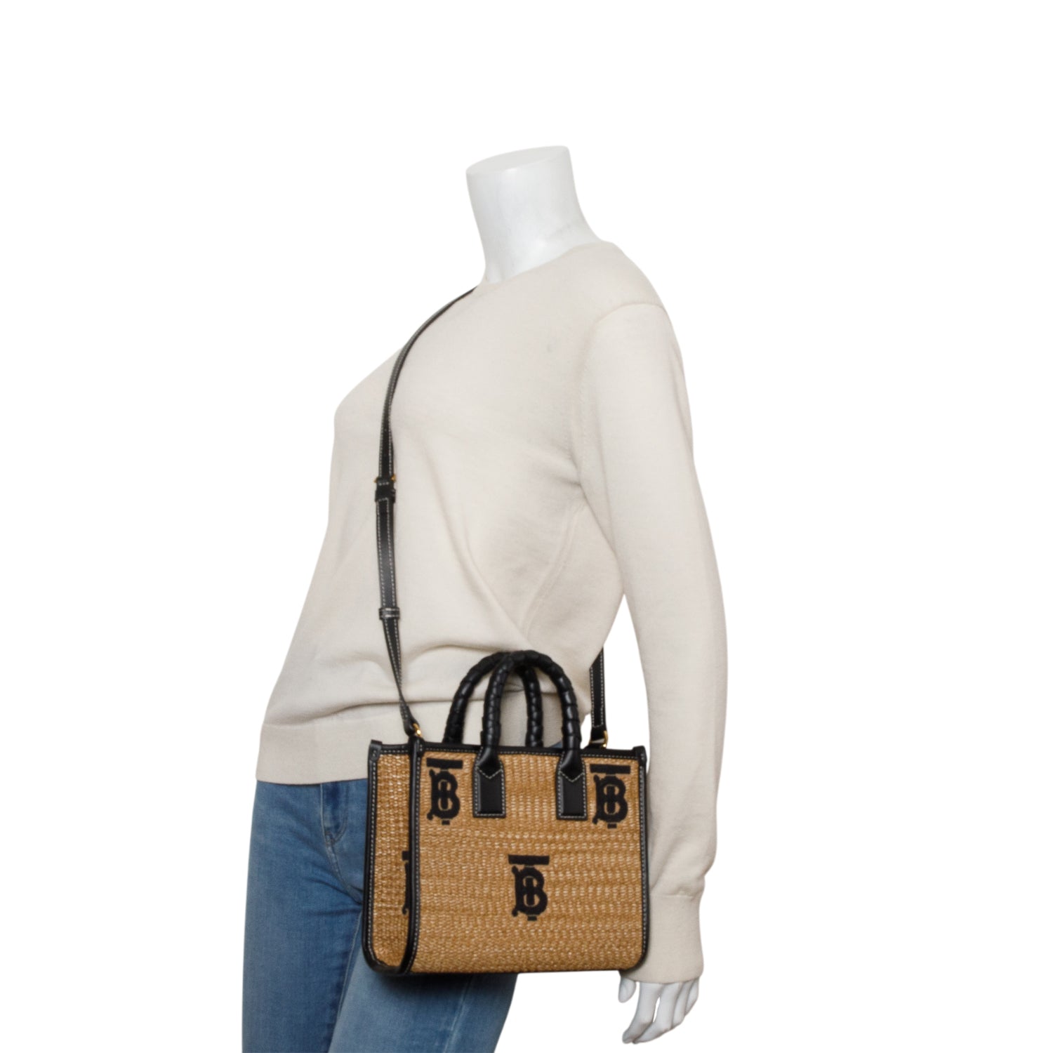 Burberry Black Raffia Calfskin Mini Freya Tote