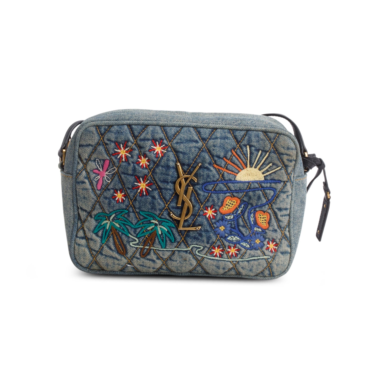 Saint Laurent Blue Denim Matelasse Quilted Summer Embroidered Classic Monogram Camera Bag