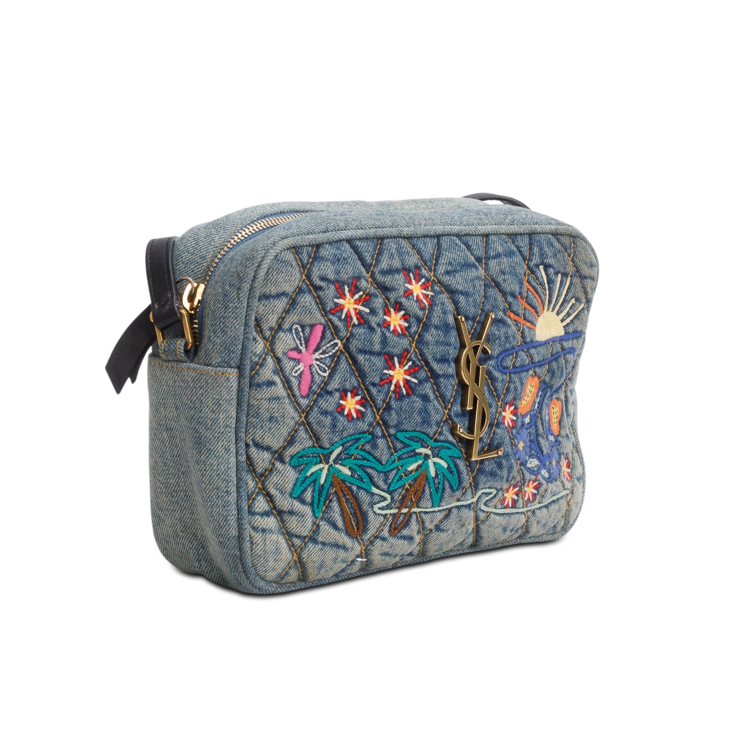 Saint Laurent Blue Denim Matelasse Quilted Summer Embroidered Classic Monogram Camera Bag
