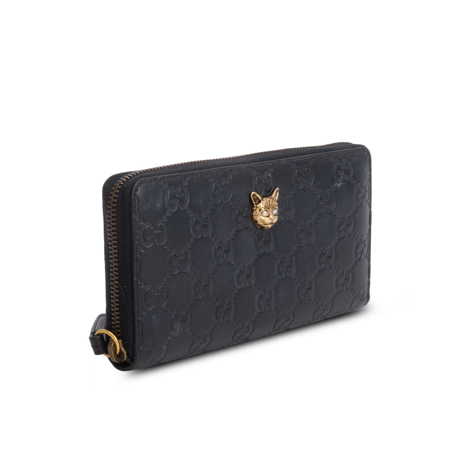Gucci Black Signature Leather Cat Head Continental Zip Wallet