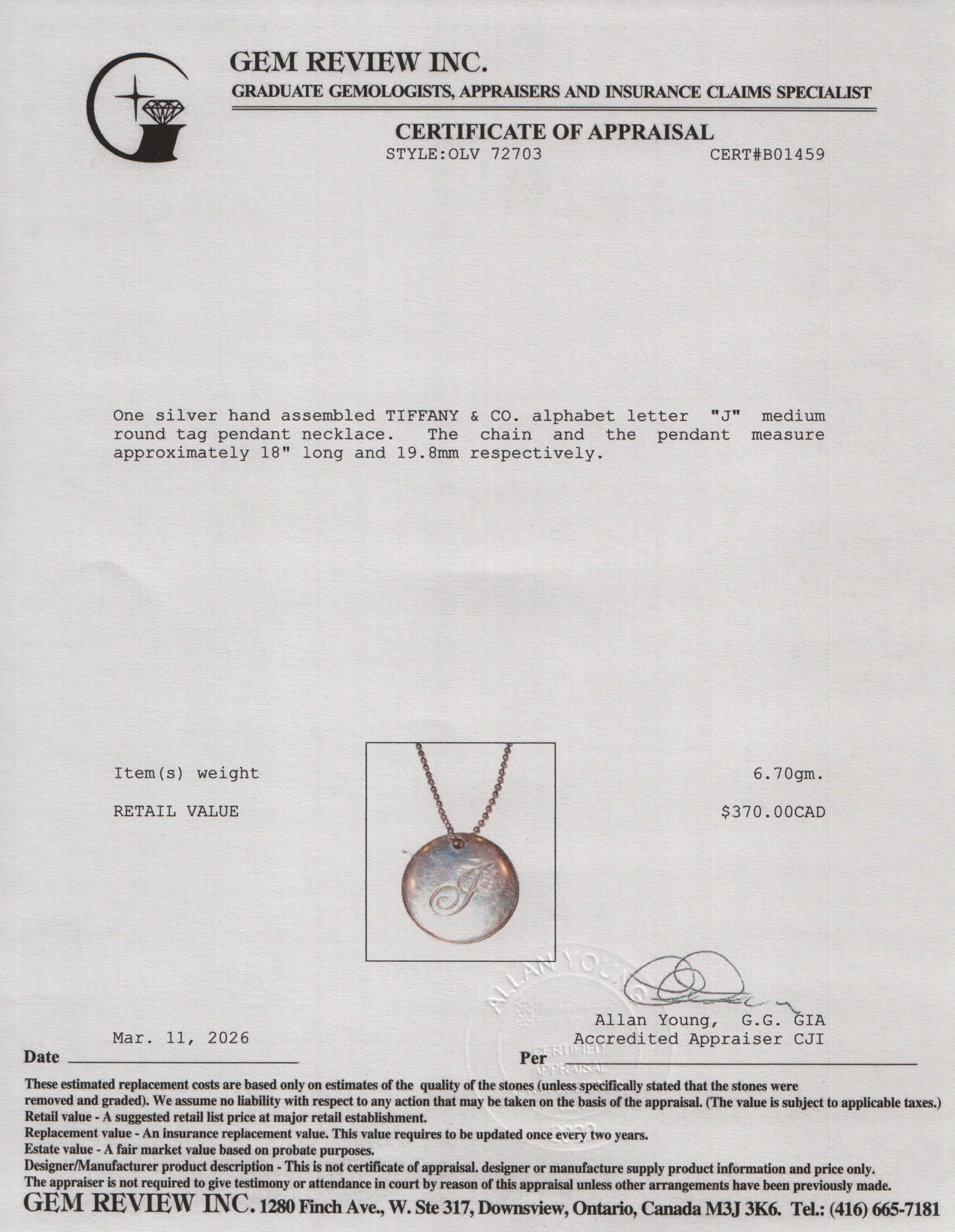 Tiffany & Co. Sterling Silver Alphabet Letter 'J' Medium Round Tag Pendant Necklace