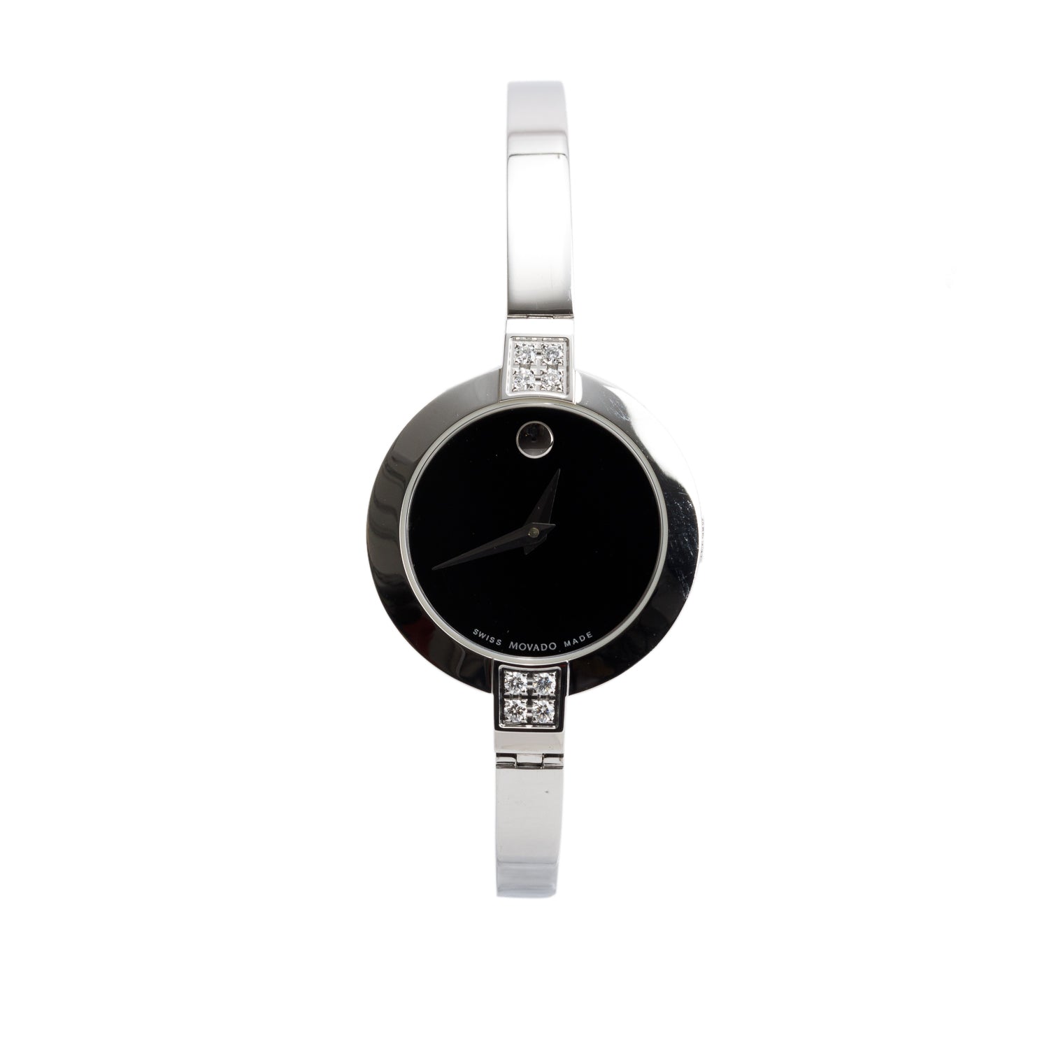 Movado Stainless Steel Diamond Bela 24.5MM Quartz Watch Black Dial w/ Box