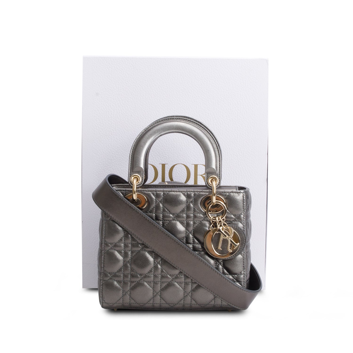 Christian Dior Grey Metallic Calfskin Cannage Small Lady Dior w/ Box, Authenticity Card & Strap