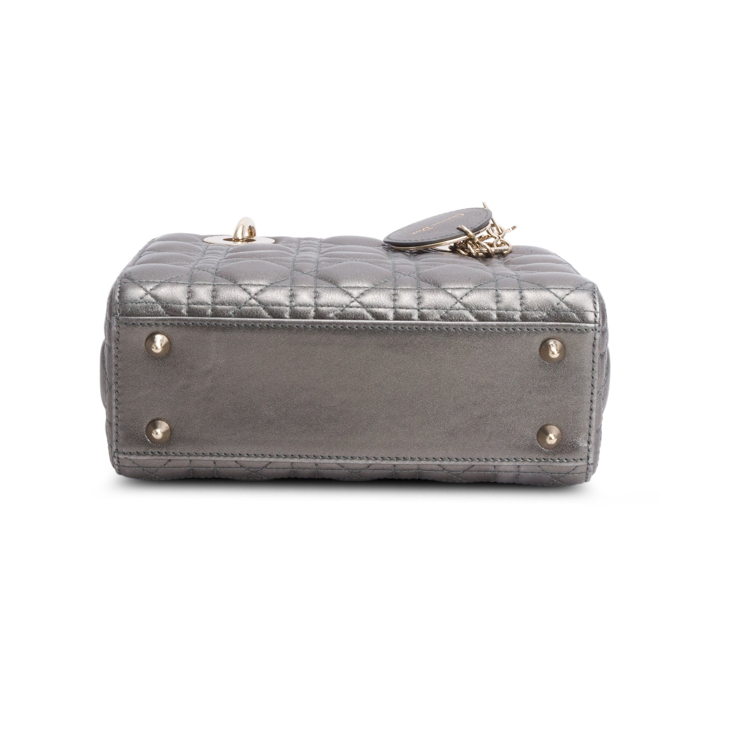 Christian Dior Grey Metallic Calfskin Cannage Small Lady Dior w/ Box, Authenticity Card & Strap