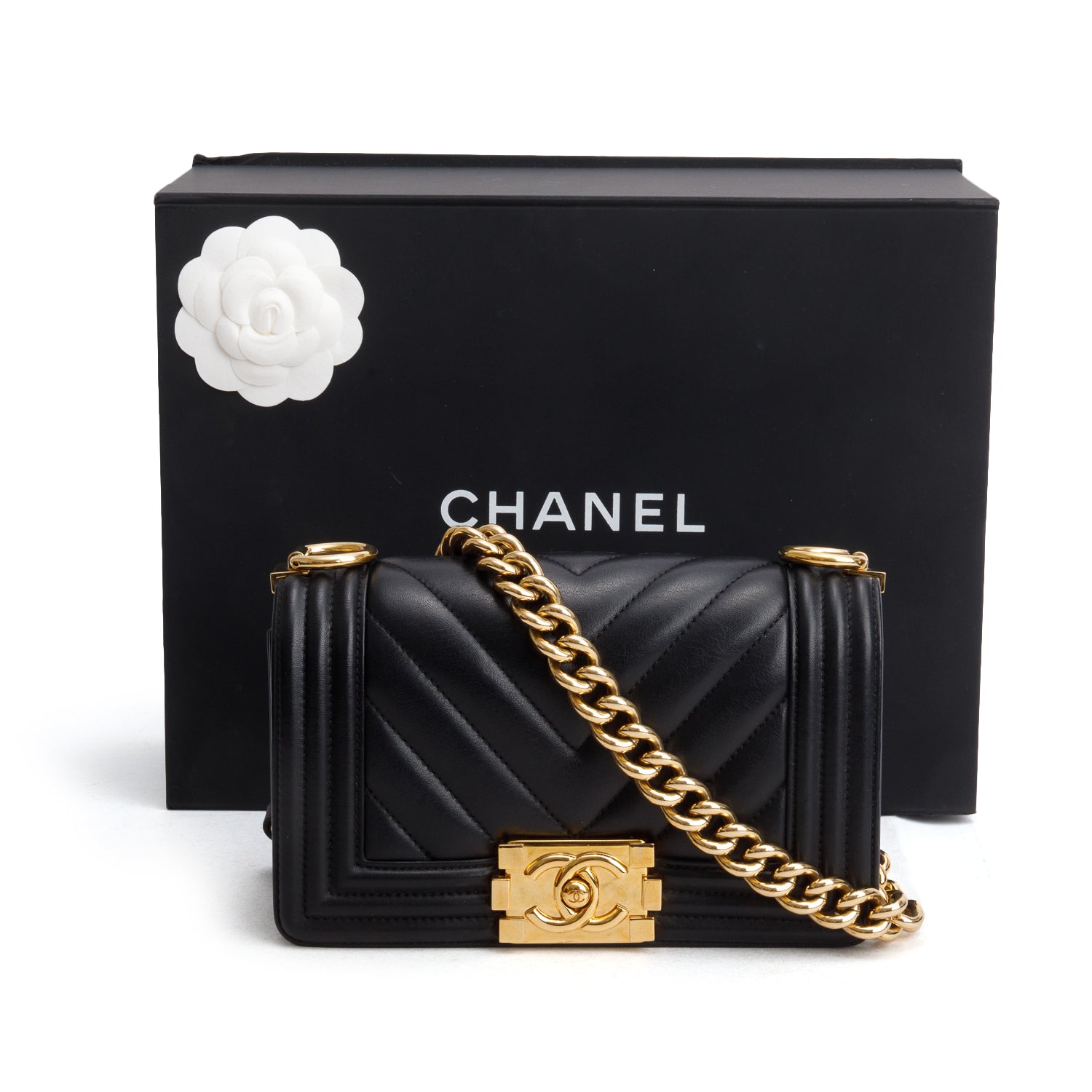 Chanel Black Lambskin Chevron Small Boy Bag w/ Box