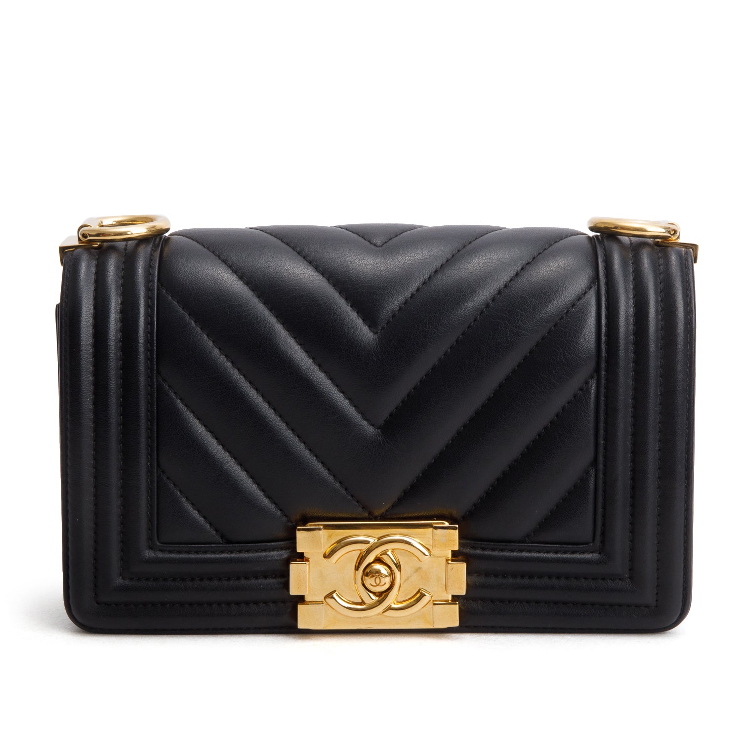 Chanel Black Lambskin Chevron Small Boy Bag w/ Box