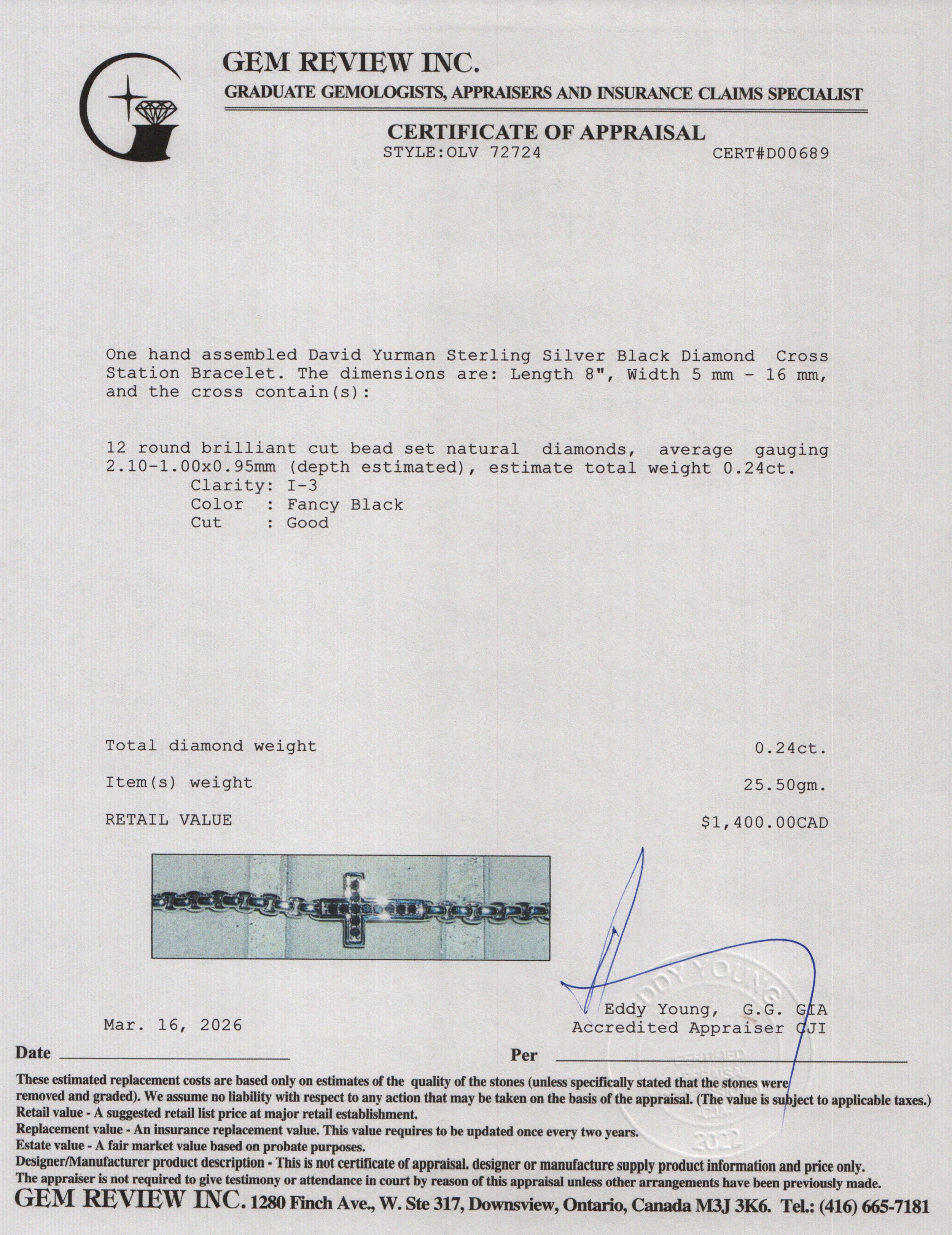 David Yurman Sterling Silver Black Diamond Cross Station Bracelet, 5 MM