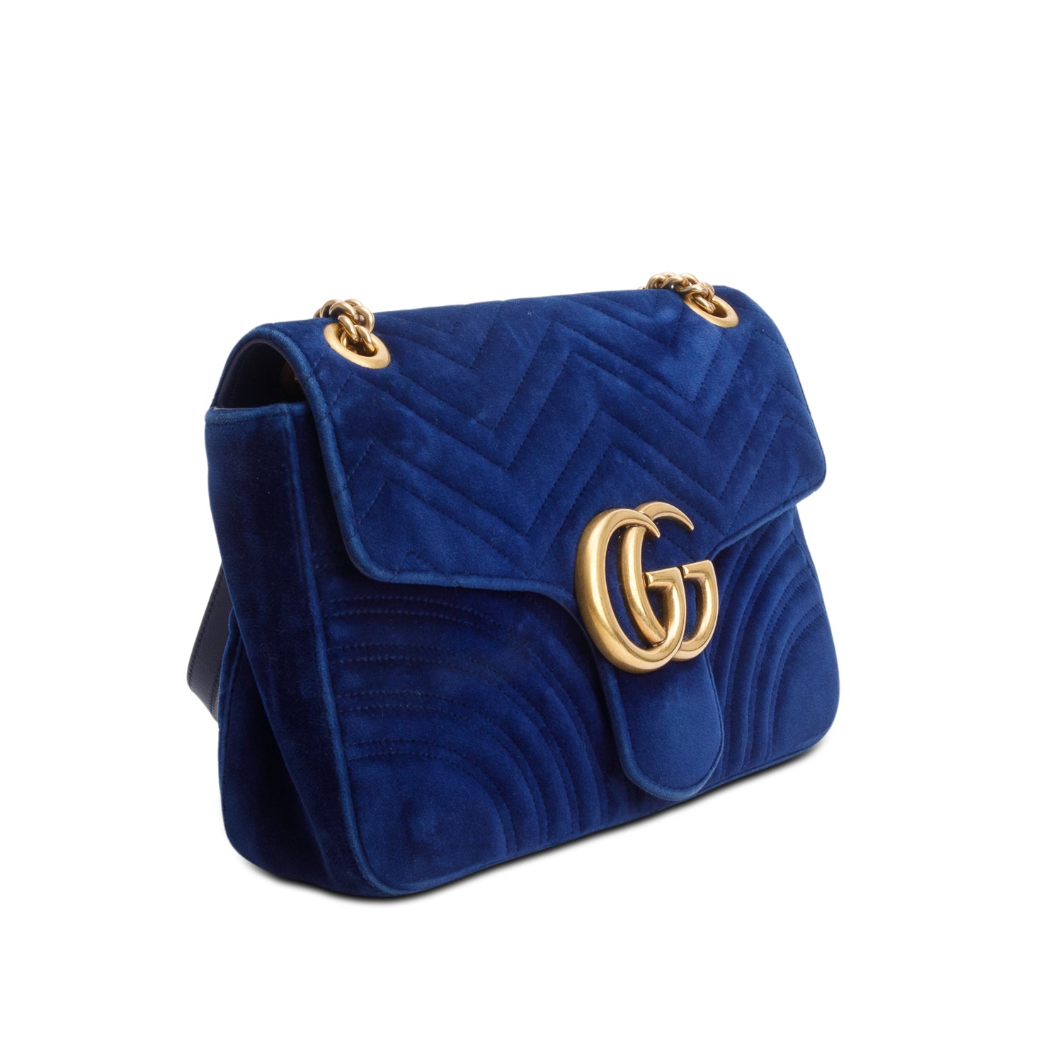 Gucci Blue Velvet Matelasse Medium GG Marmont Shoulder Bag