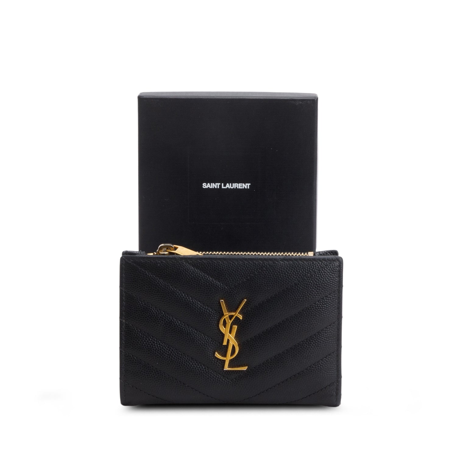 Saint Laurent 2020 Black Grain de Poudre Cassandre Matelasse Fragments Bi-Fold Wallet w/ Box