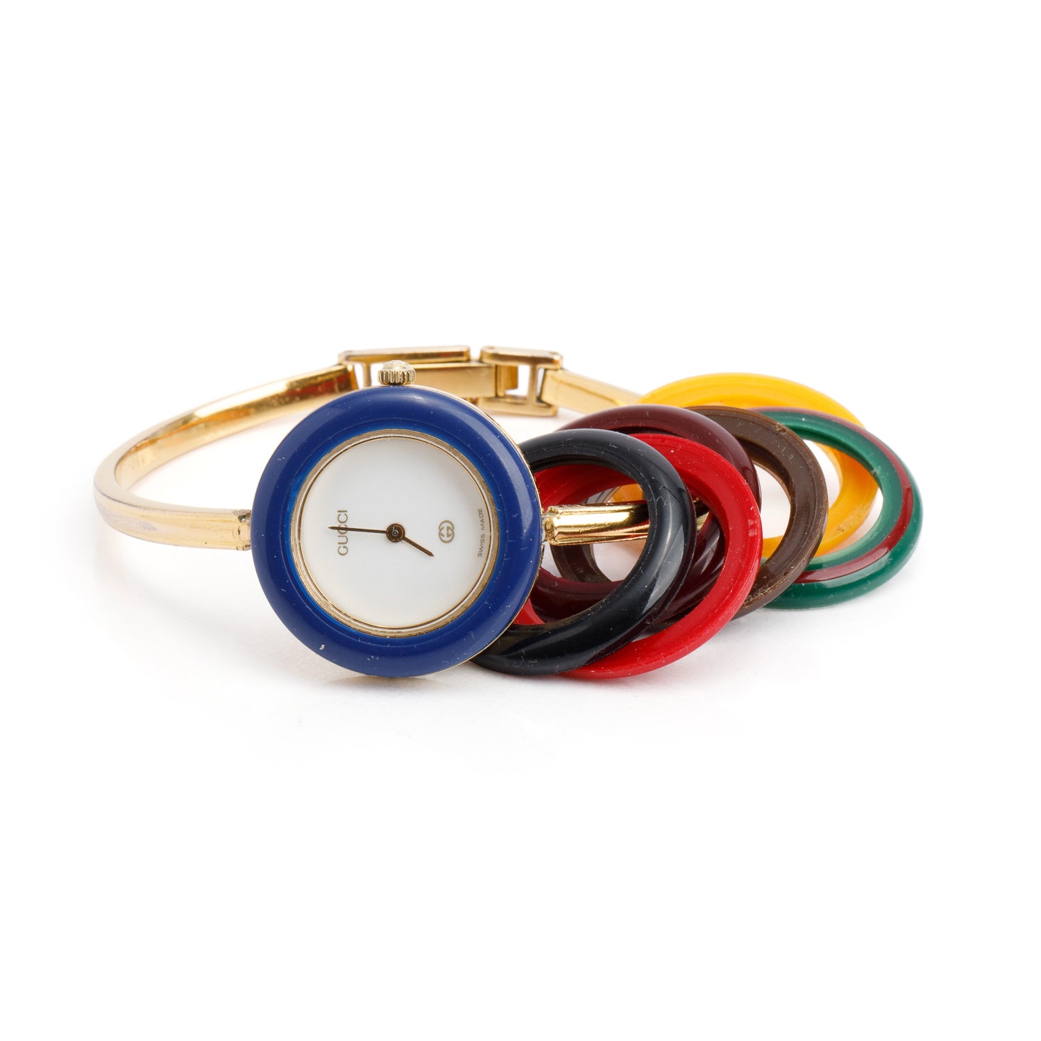Gucci Gold Plated Stainless Steel 1100 Series 26MM Watch w/ 6 Multicolour Interchangeable Bezels