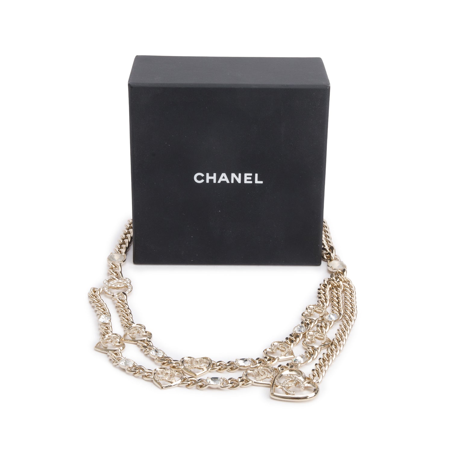Chanel 2023 Gold-Plated Strass Heart CC Station Chain-Link Belt w/ Box & Receipt