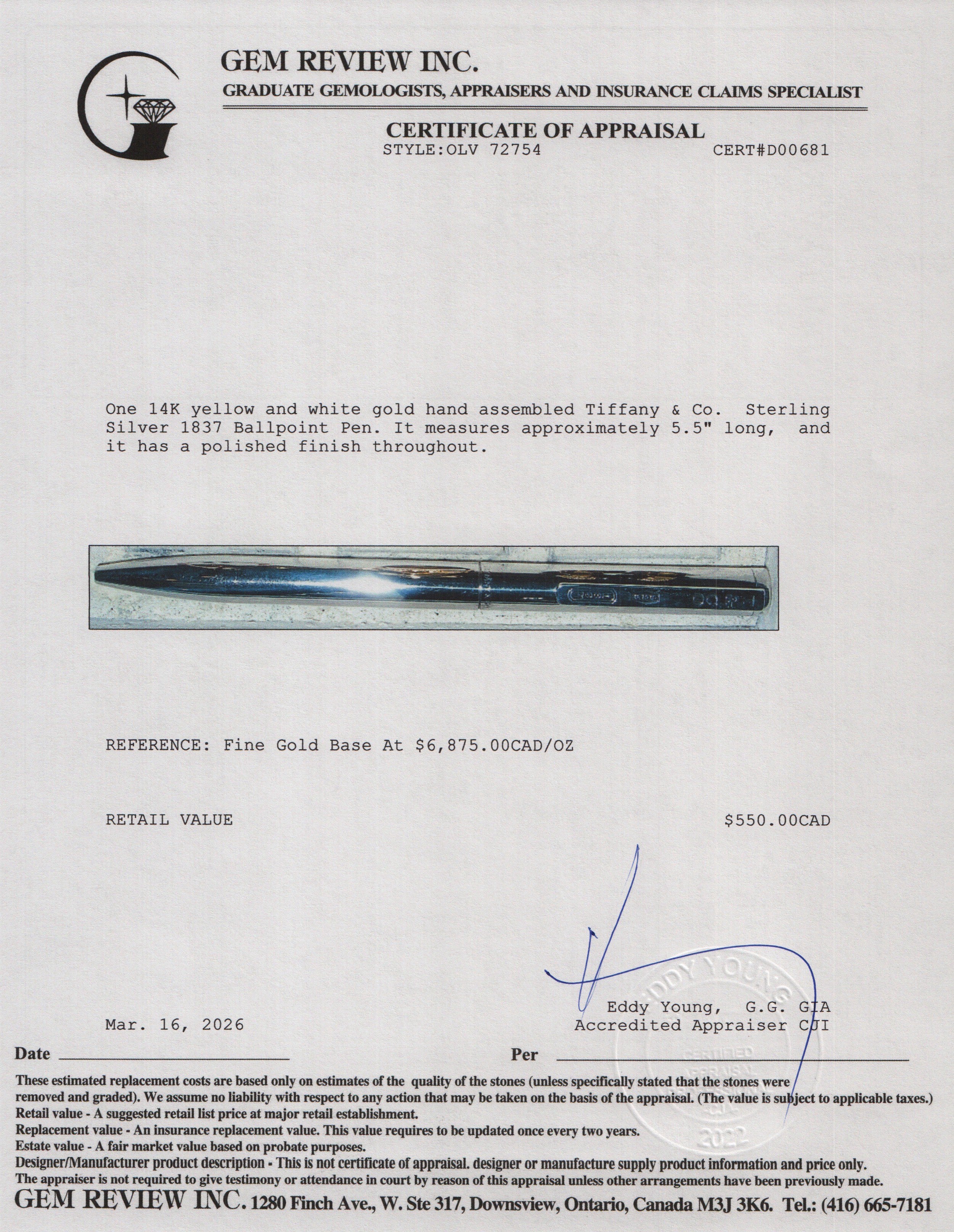 Tiffany & Co. Sterling Silver 1837 Ballpoint Pen