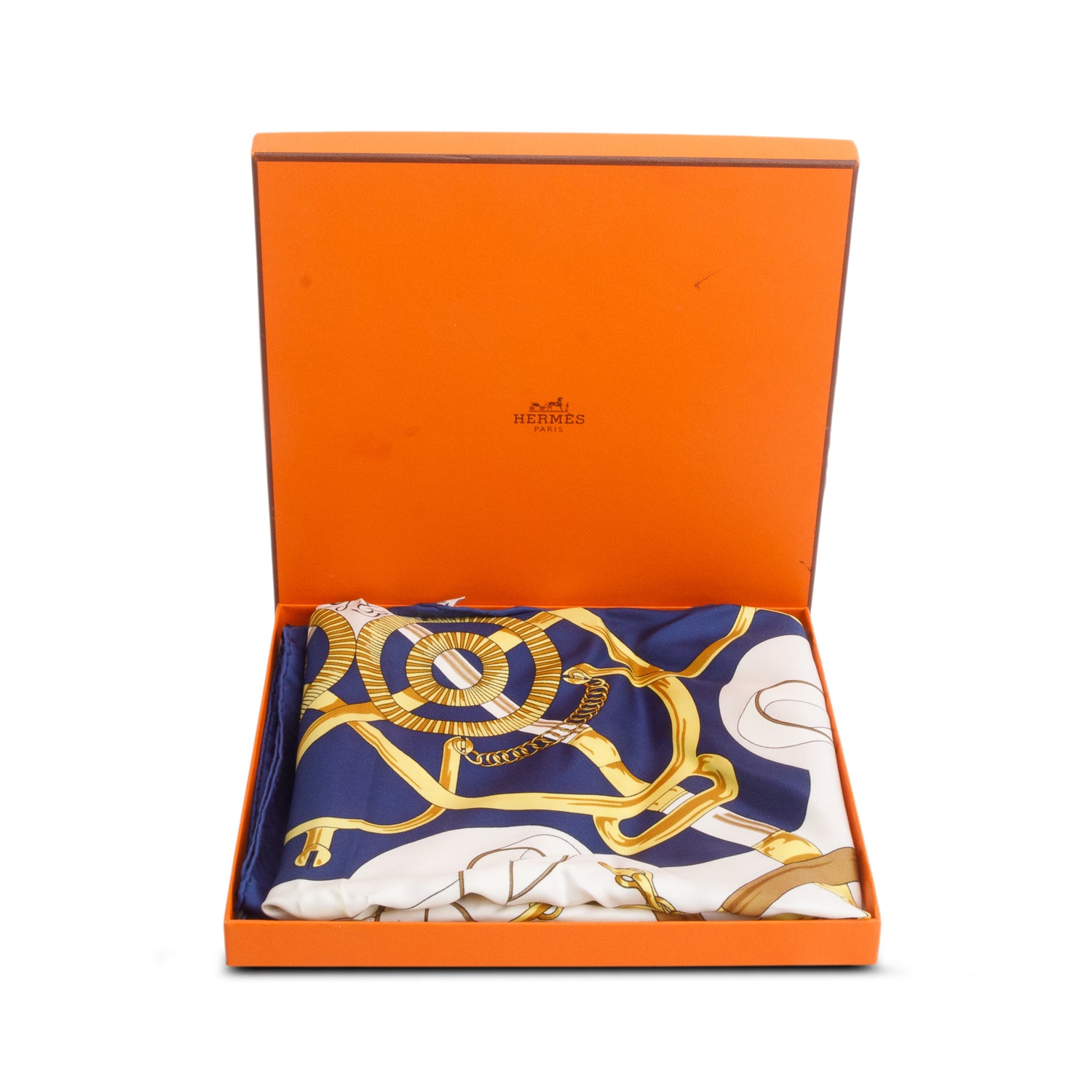 Hermes Blue & White 'Eperon D'or' Silk Scarf 90 w/ Box