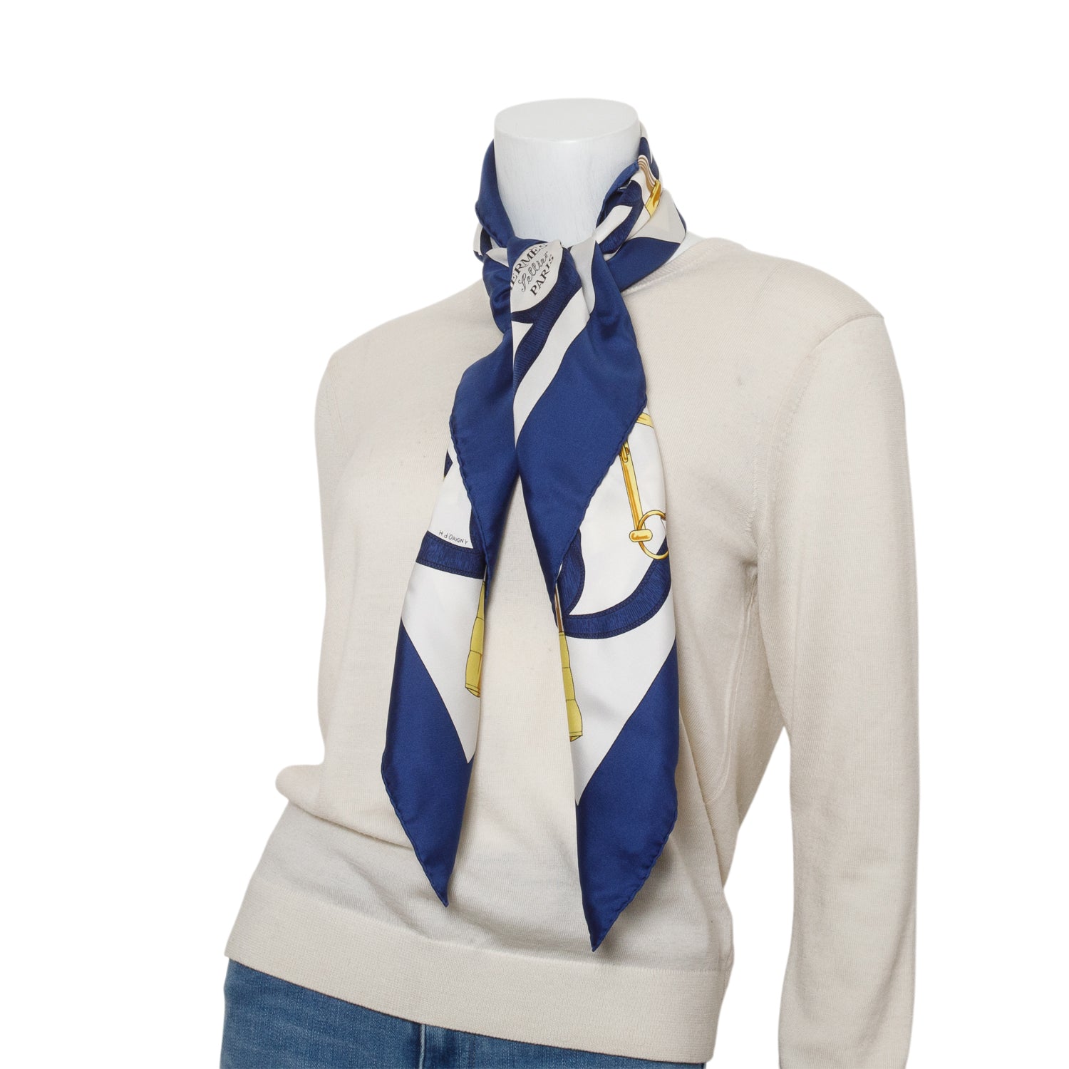 Hermes Blue & White 'Eperon D'or' Silk Scarf 90 w/ Box